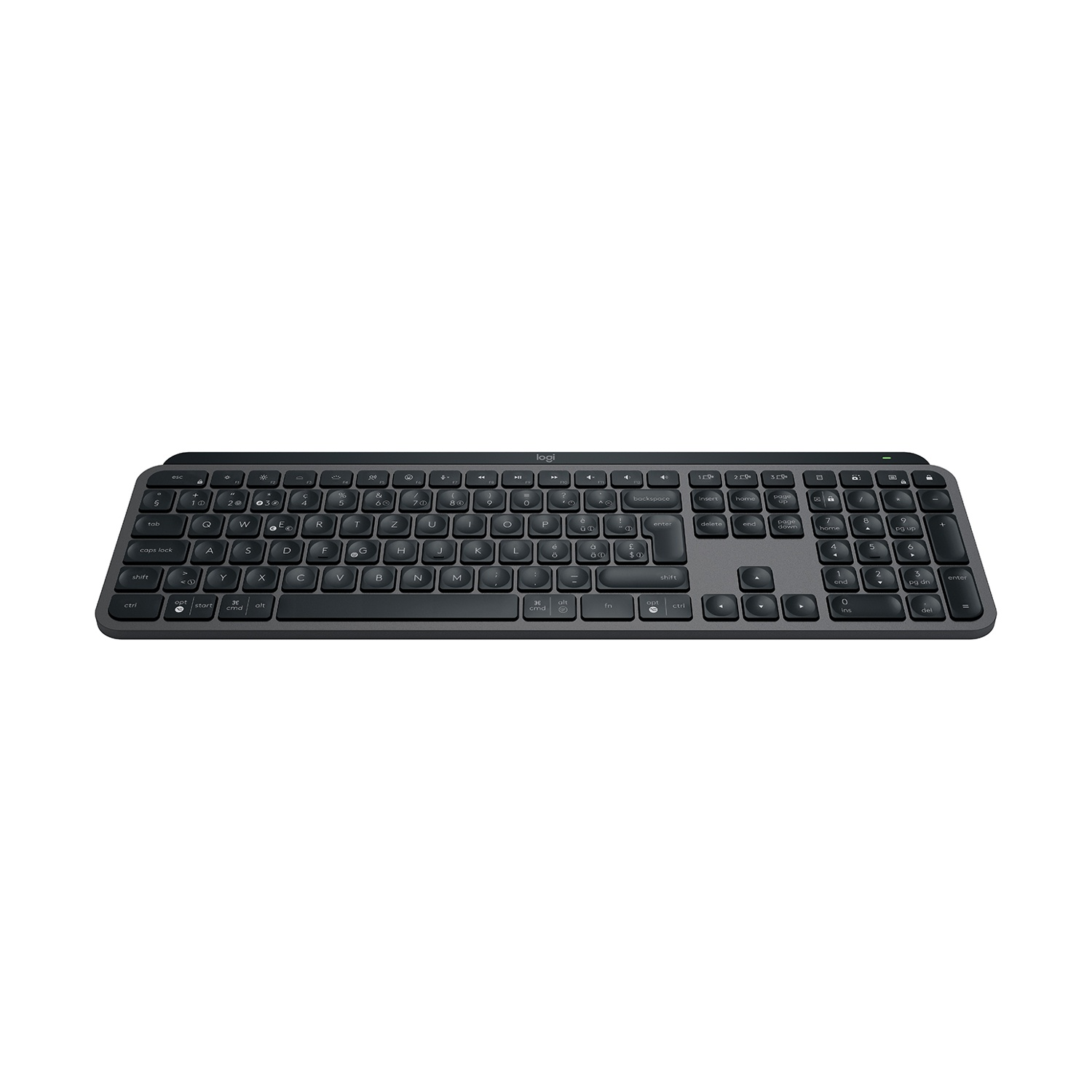 Una tastiera Logitech nera su sfondo bianco. I tasti sono etichettati con lettere, numeri e simboli.