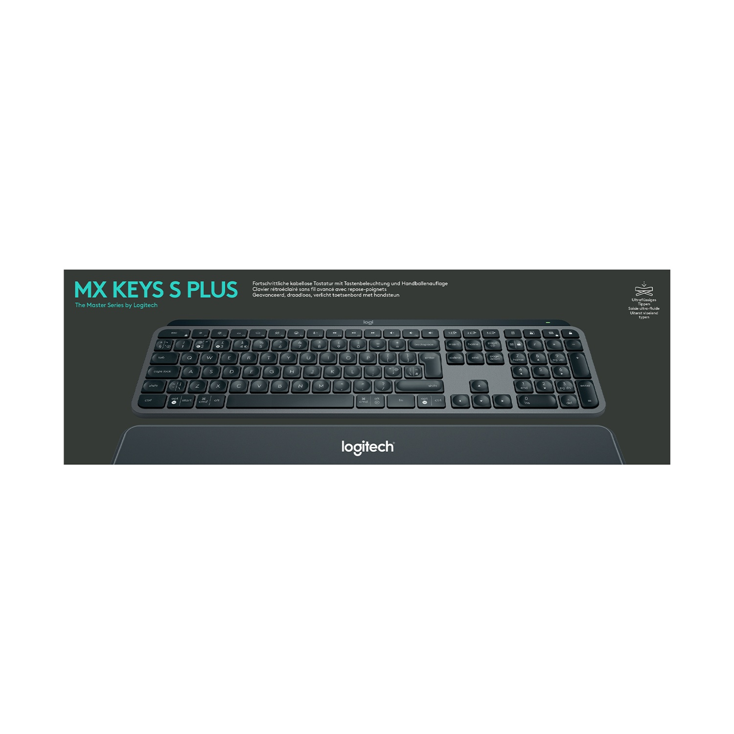 Una tastiera Logitech MX Keys S Plus su una superficie scura, con il logo Logitech. La tastiera ha tasti retroilluminati e un poggiapolsi.