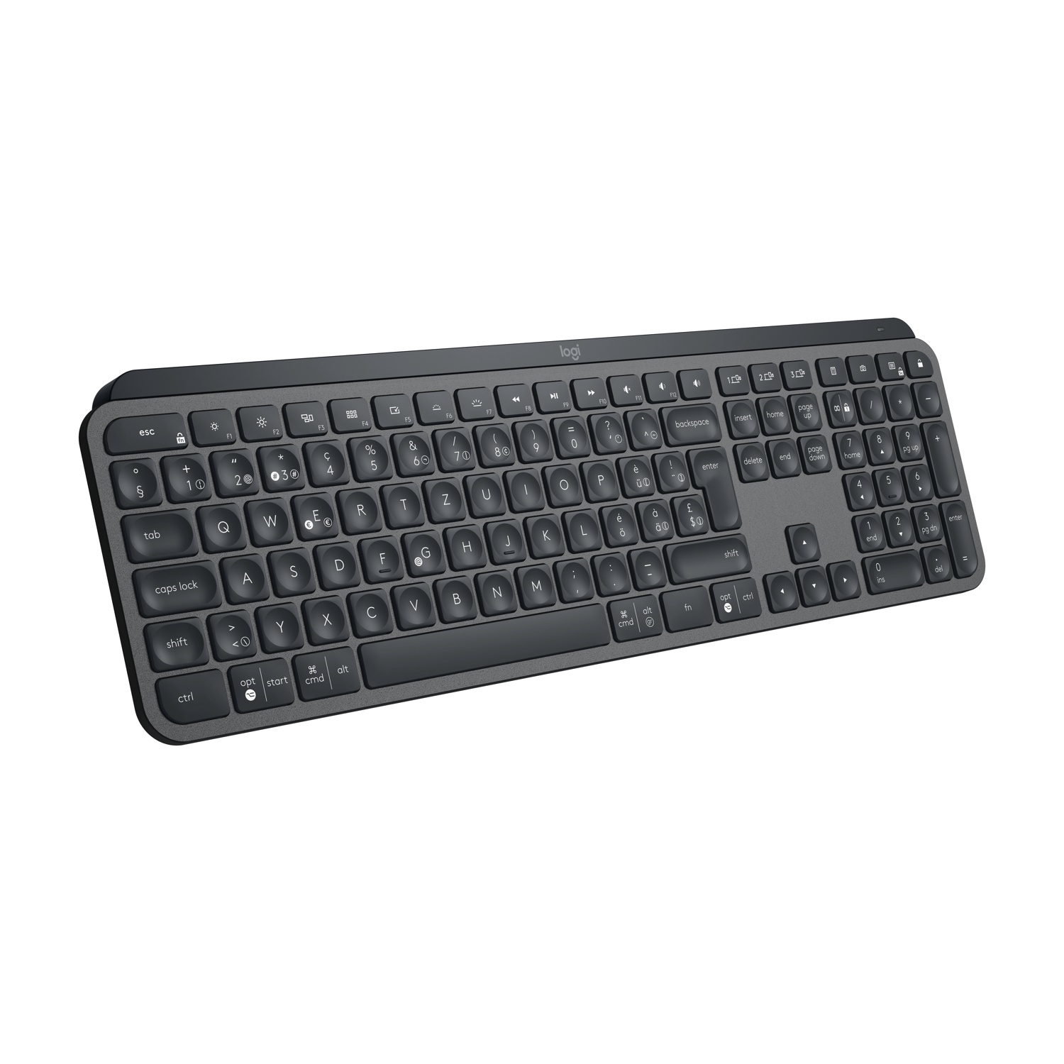 Una tastiera Logitech grigio scuro su una superficie bianca, con tasti disposti in un layout standard.