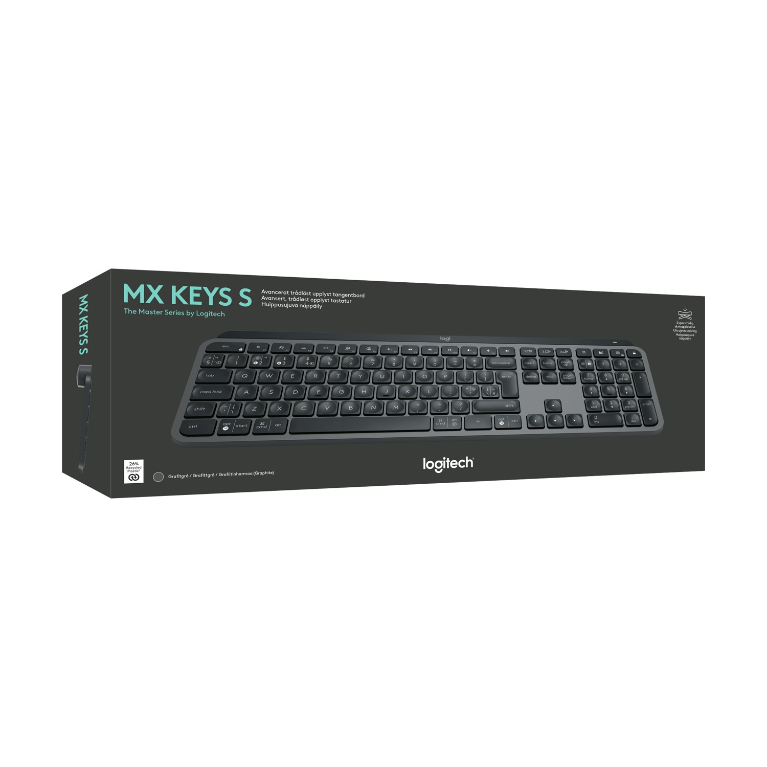 Una tastiera Logitech MX Keys S nella sua scatola. La scatola è grigia con l'immagine della tastiera. Il testo include 'MX KEYS S' e 'Logitech'.