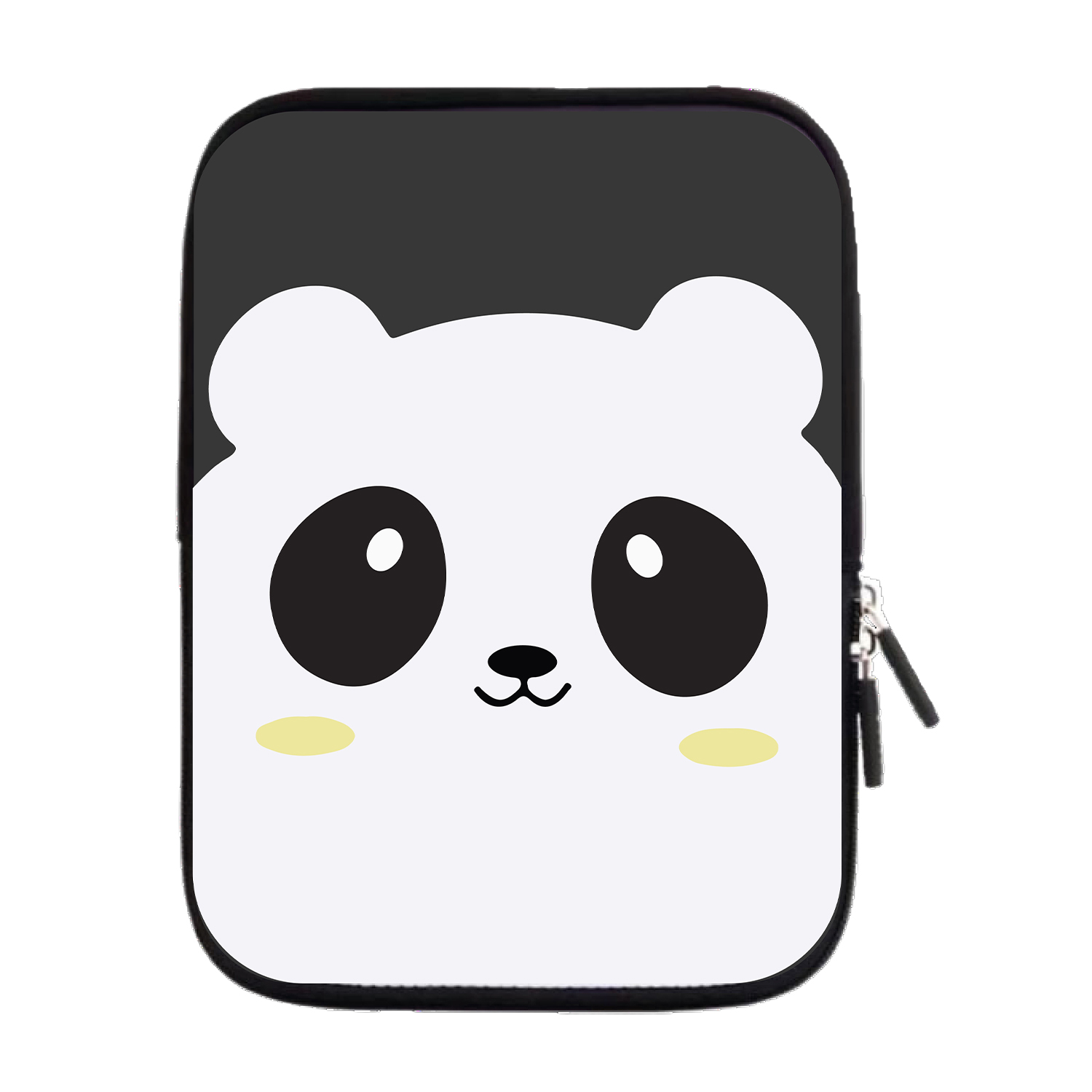 Una custodia con la faccia di un panda. Ha una faccia bianca con occhi e orecchie neri. La parte superiore è nera. C'è un rossore giallo su ogni guancia.