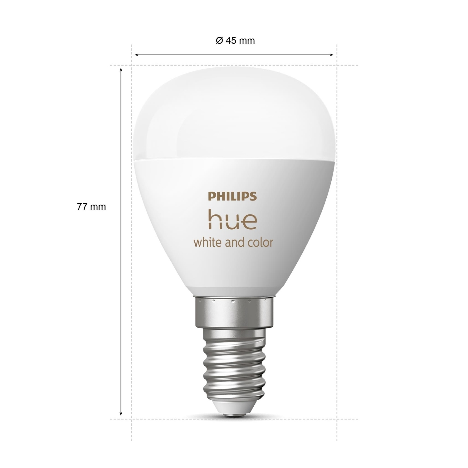 Una lampadina intelligente Philips Hue bianca e colorata, con dimensioni indicate. La lampadina è bianca e ha una base argentata. La lampadina è su sfondo bianco.