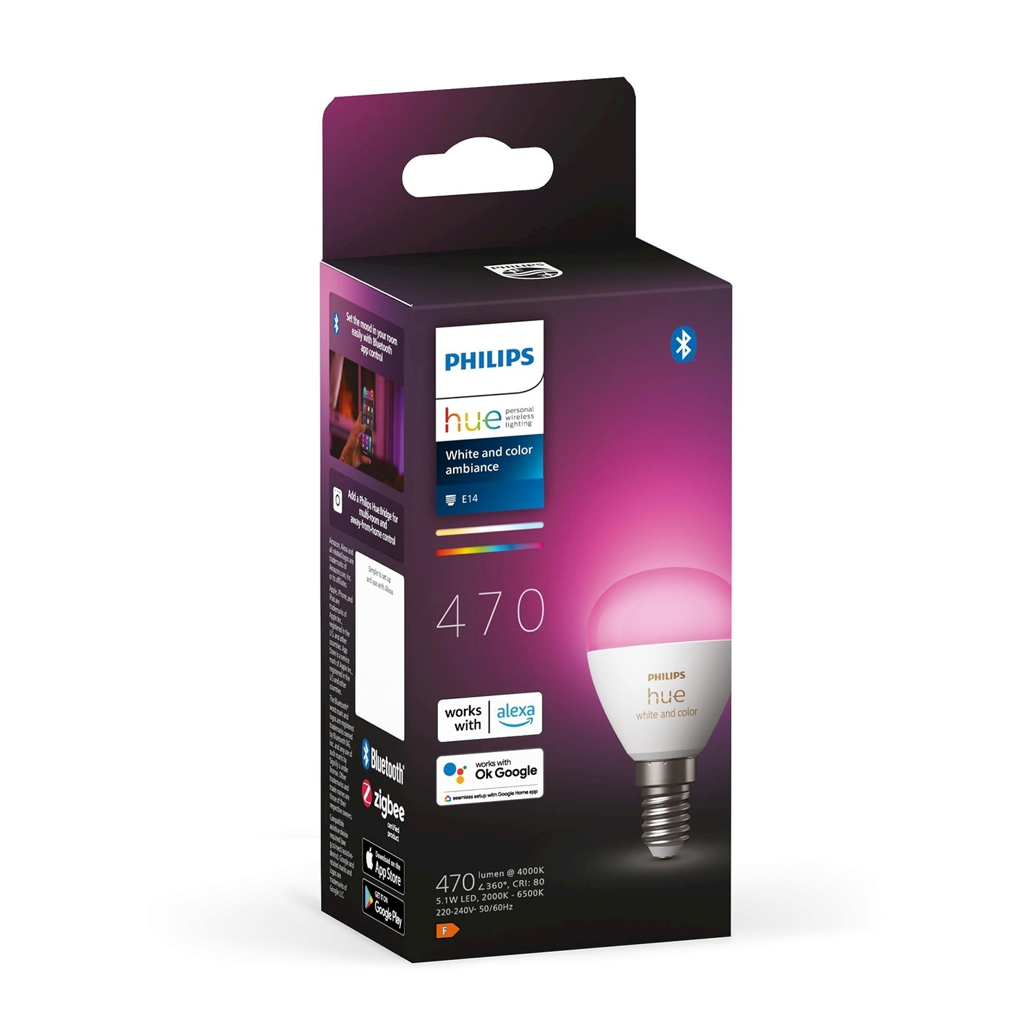 Scatola della lampadina Philips Hue. La scatola contiene dettagli del prodotto e un'immagine della lampadina. La lampadina è rosa.
