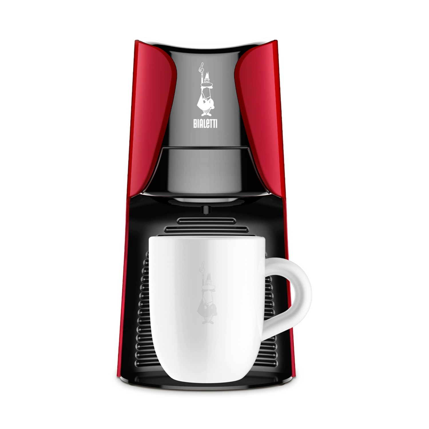 Macchina da caffè Bialetti rossa e nera con una tazza bianca. La macchina ha il logo di un uomo con i baffi. La tazza ha lo stesso logo.