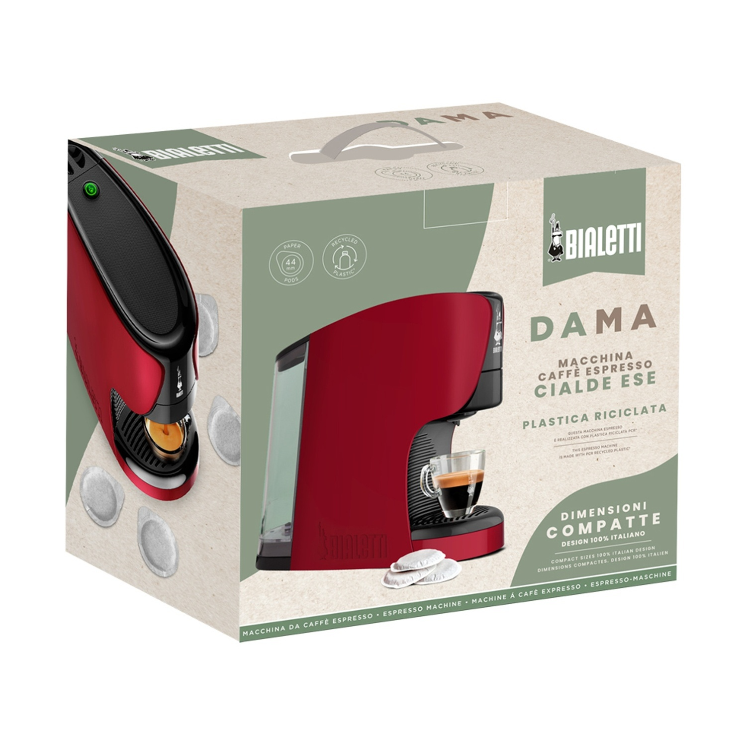 Macchina da caffè espresso DAMA Bialetti rossa in una scatola. Presenta cialde di caffè e una tazza di espresso. La scatola mostra i dettagli del prodotto e i loghi del marchio.