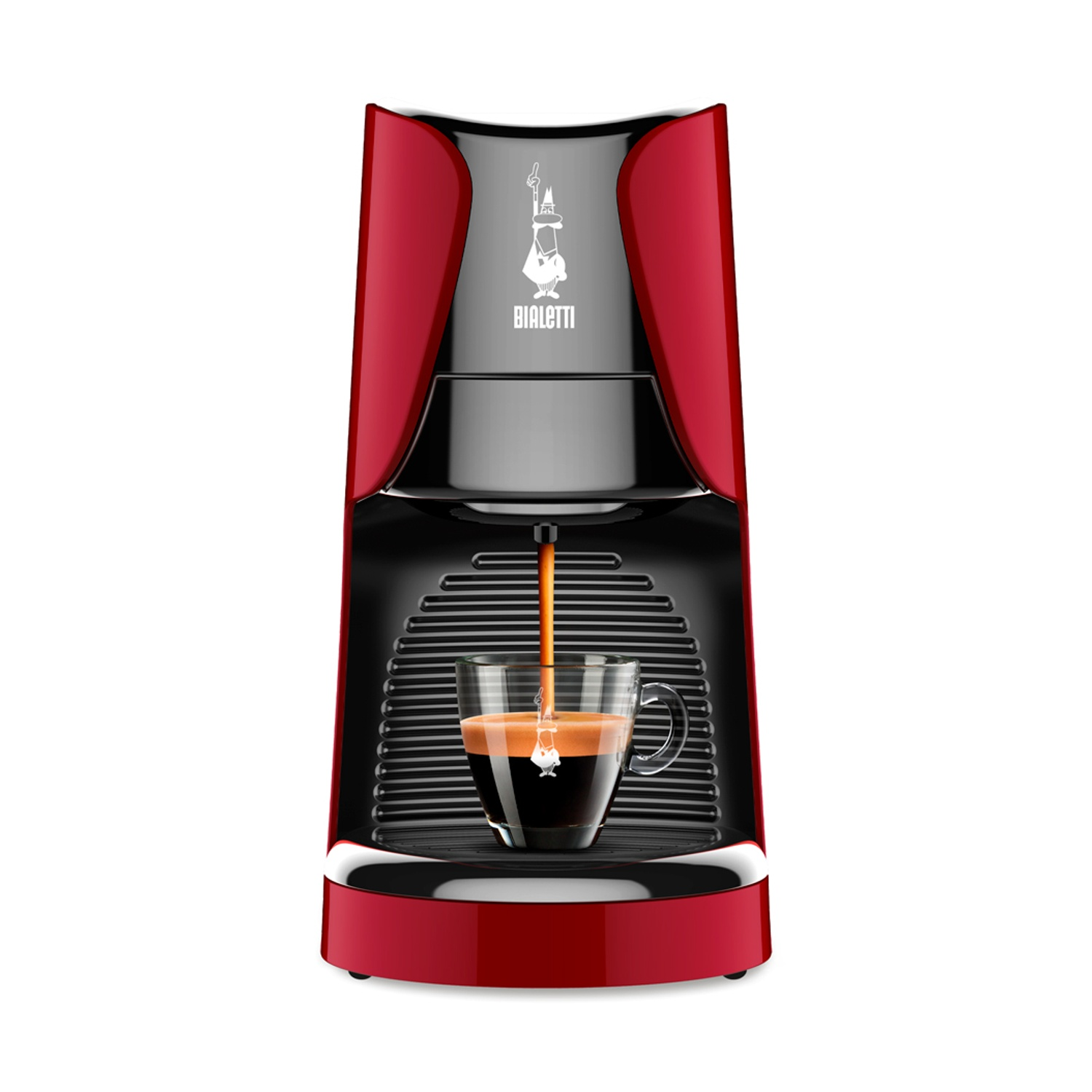 Una macchina per espresso rossa e nera con una tazza di vetro trasparente piena di caffè. Il caffè esce dalla macchina.