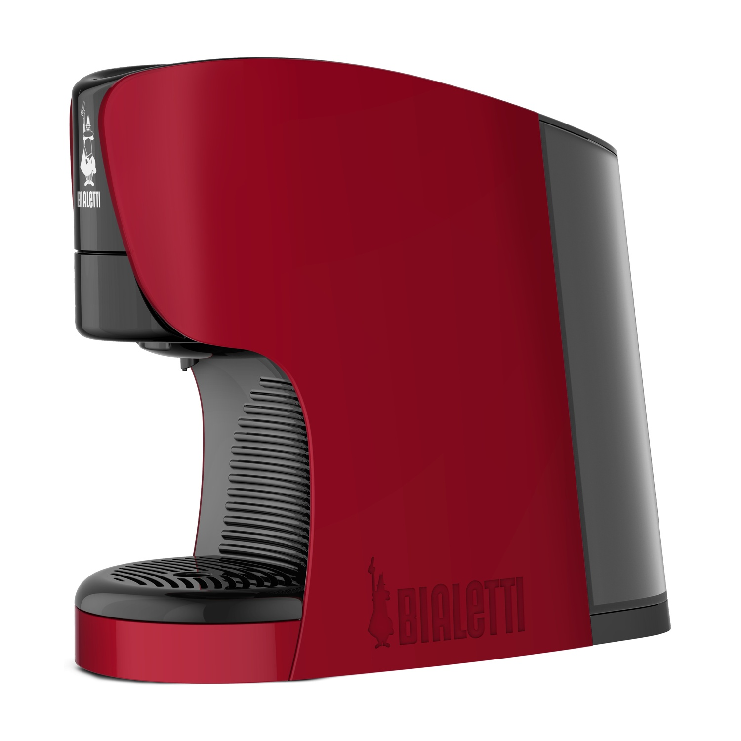 Macchina da caffè Bialetti rossa e nera. La macchina ha un design curvo con il logo del marchio visibile sulla parte anteriore.