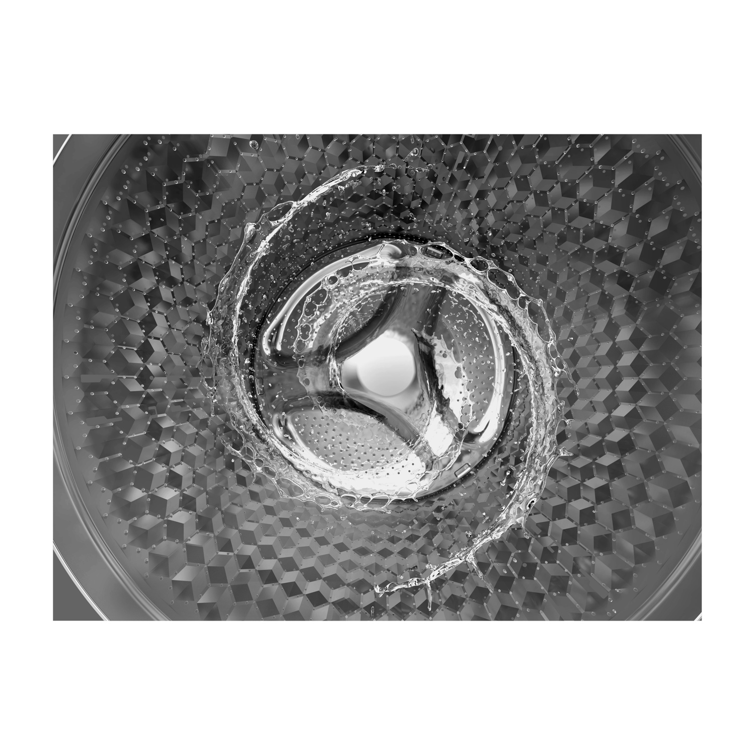 All'interno del cestello di una lavatrice. L'acqua schizza con un movimento circolare. Il cestello ha un motivo geometrico.