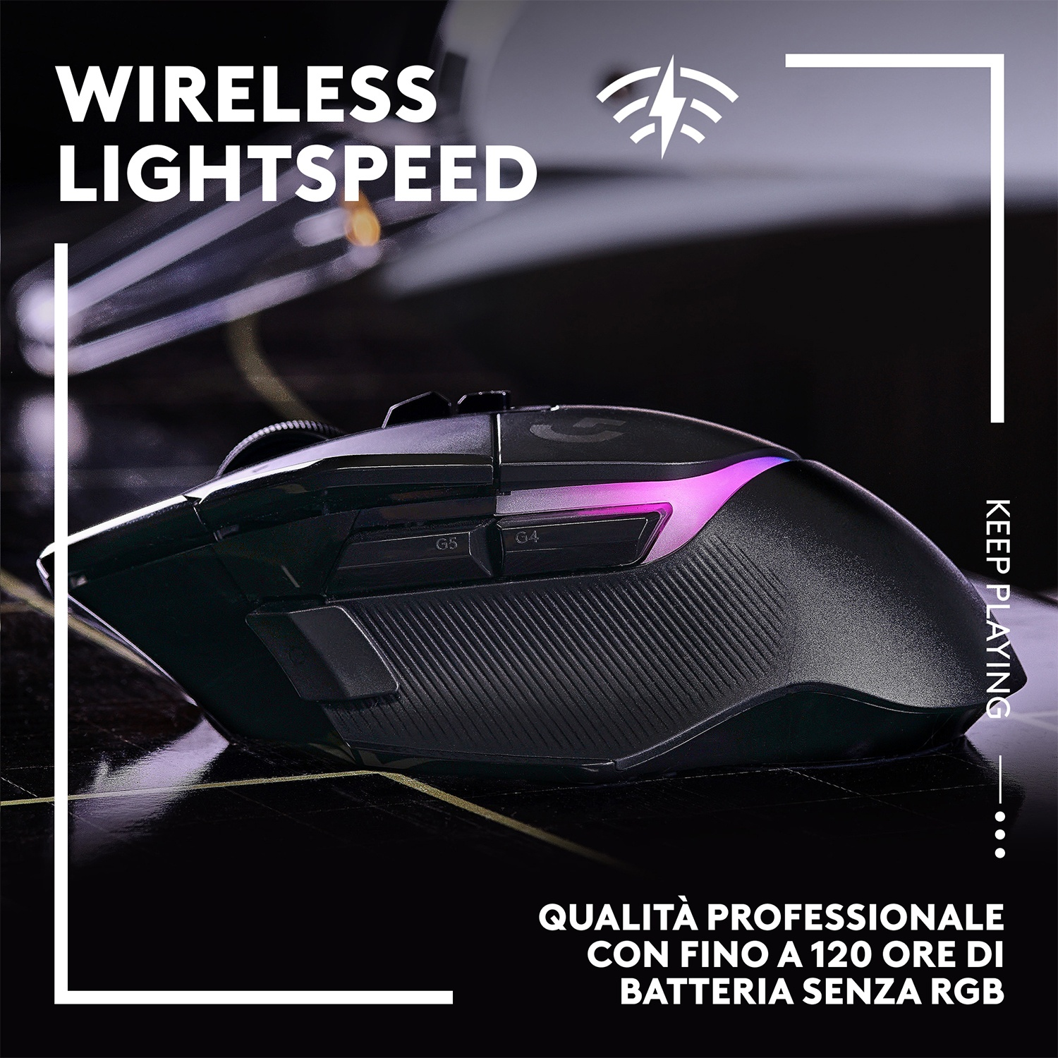 Un mouse da gioco wireless nero con accenti rosa e la scritta 'WIRELESS LIGHTSPEED'. Presenta pulsanti e testi 'G5' e 'G4'.