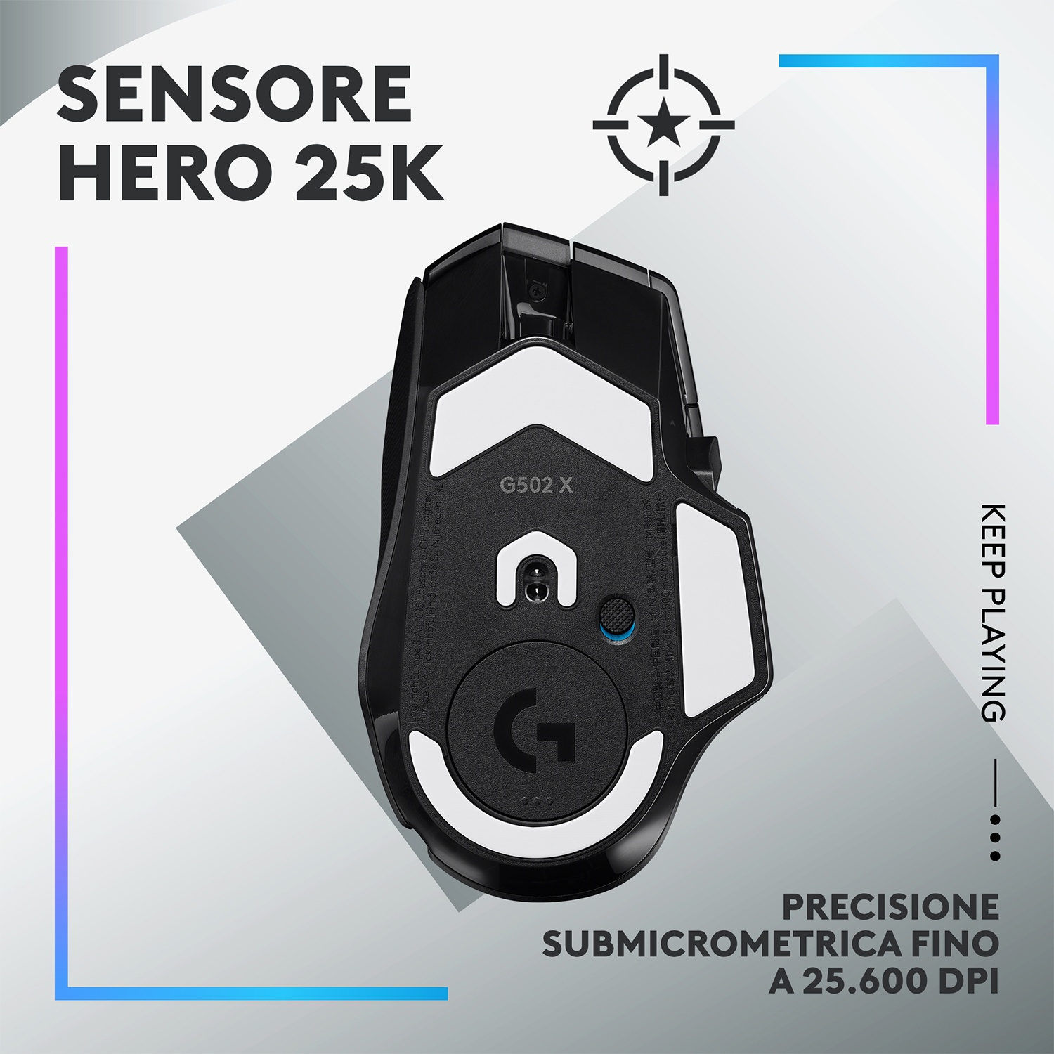 Mouse da gioco bianco e nero con testo 'SENSORE HERO 25K', 'G502 X' e 'PRECISIONE SUBMICROMETRICA FINO A 25.600 DPI'.