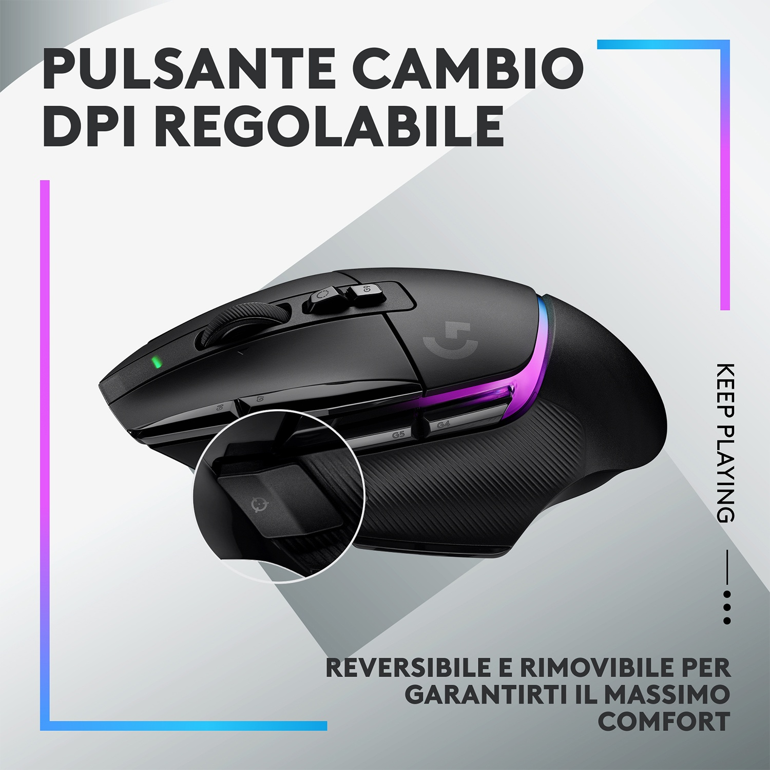 Mouse da gioco nero con DPI regolabile, pulsanti e rotella di scorrimento. Il mouse ha accenti di illuminazione RGB e un dettaglio.
