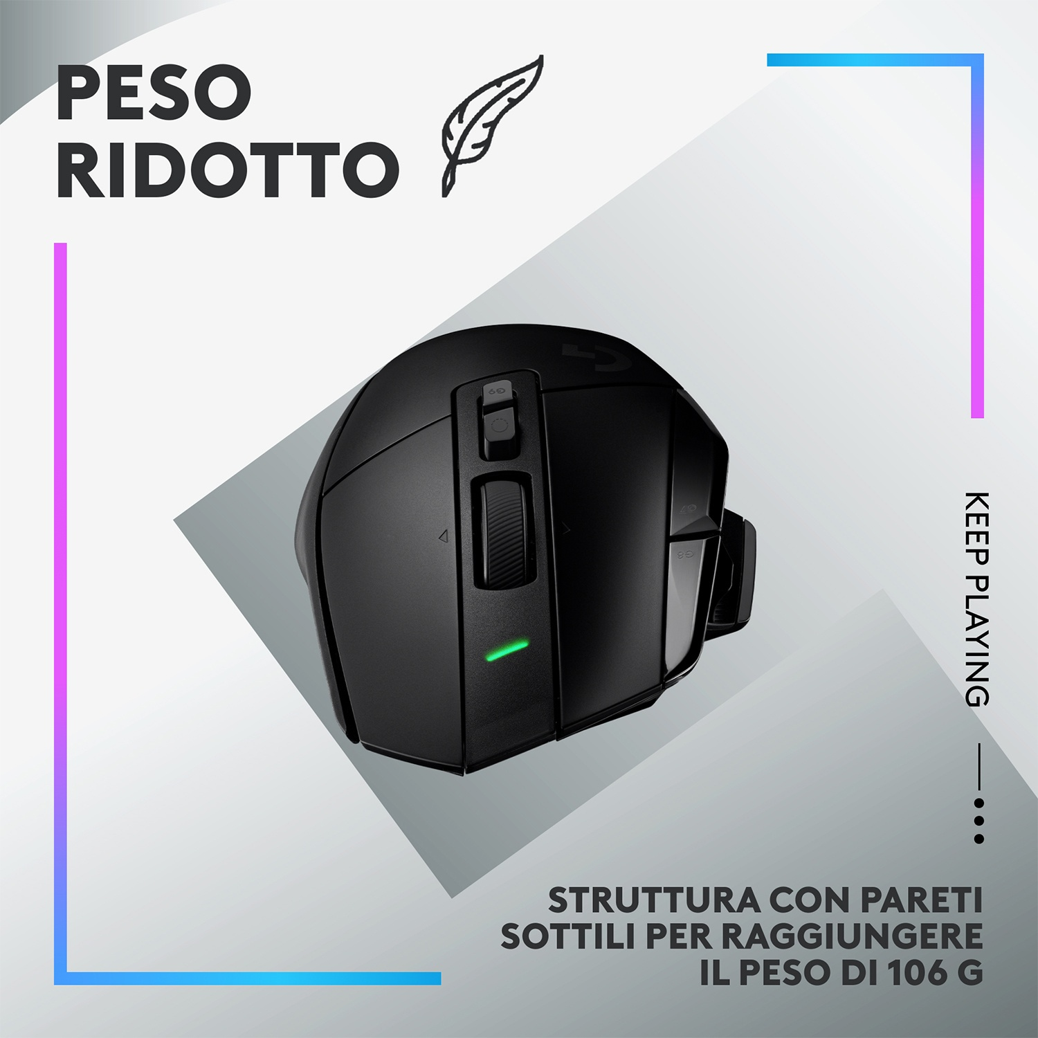Mouse da gioco nero su sfondo grigio. Il testo recita 'Peso Ridotto' e 'Struttura con pareti sottili per raggiungere il peso di 106 g'.