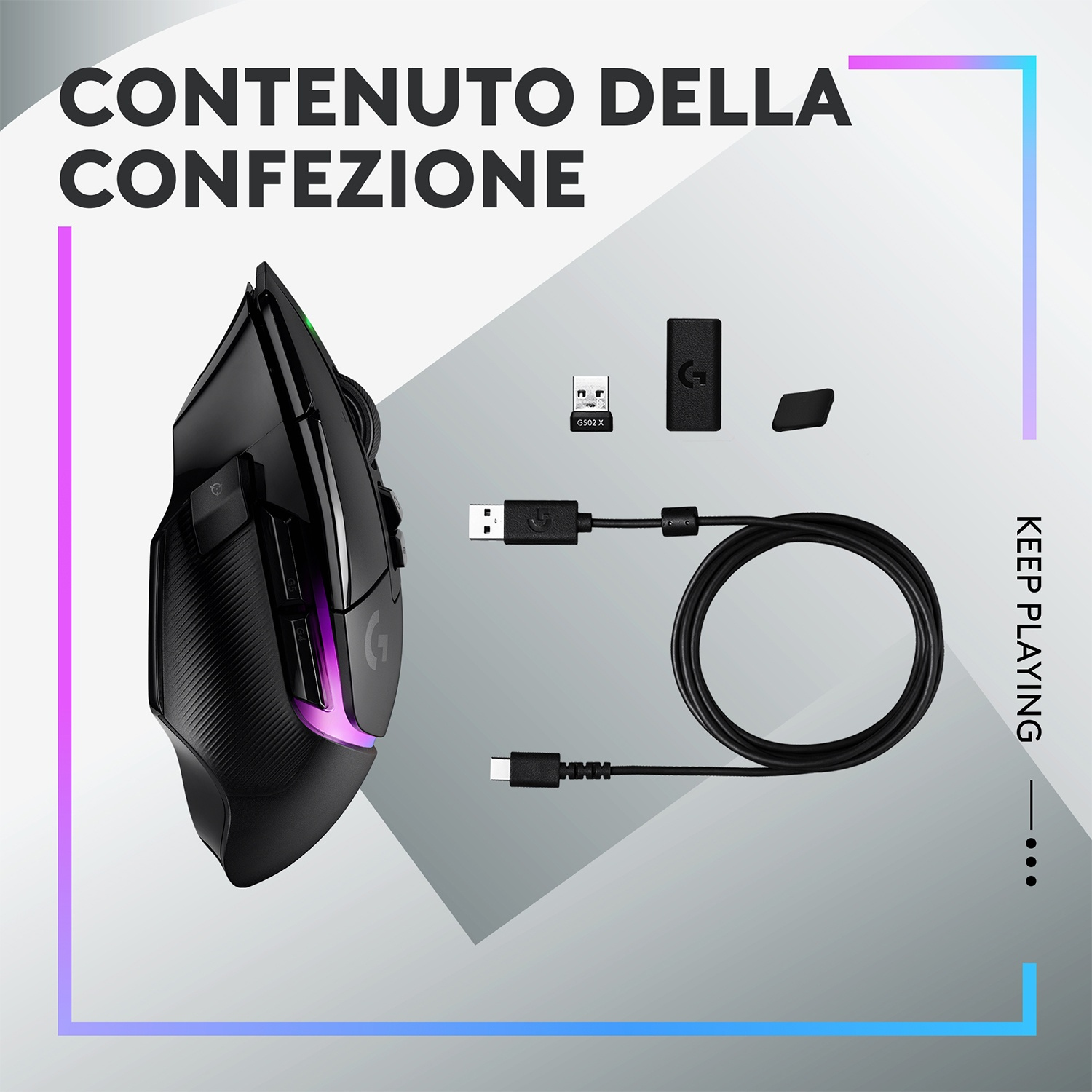 Mouse gaming nero con accessori: cavo USB, ricevitore e piccoli componenti. Testo: CONTENUTO DELLA CONFEZIONE.