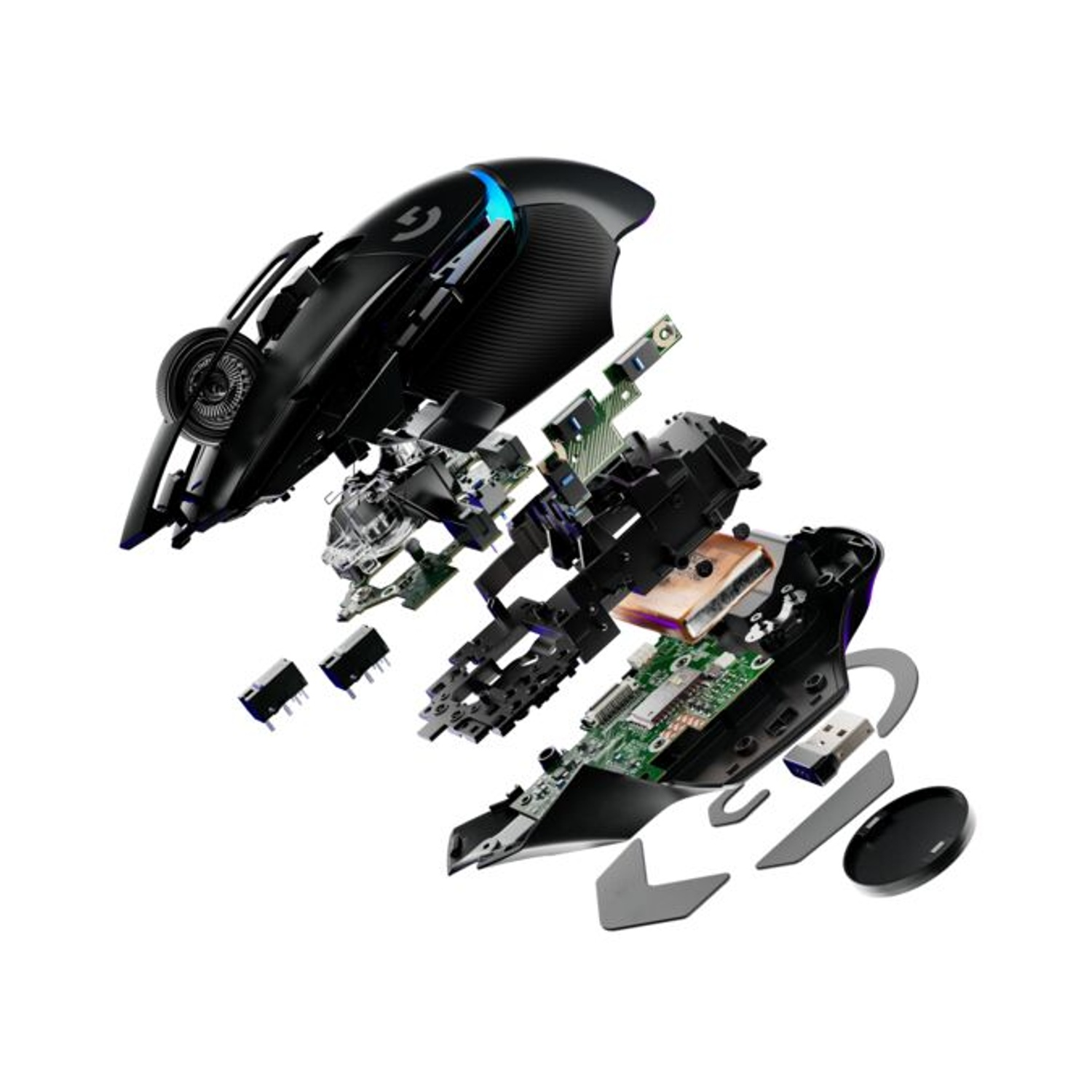 Vista esplosa di un mouse da gioco nero, che mostra componenti interni come circuiti stampati, pulsanti e un ricevitore USB, su sfondo bianco.