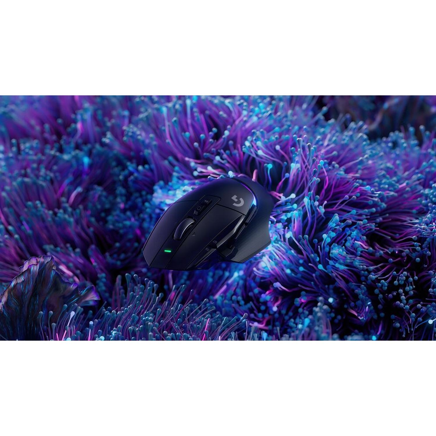 Un mouse nero per computer poggia su un letto di forme astratte viola, blu e bianche simili a coralli o piante.