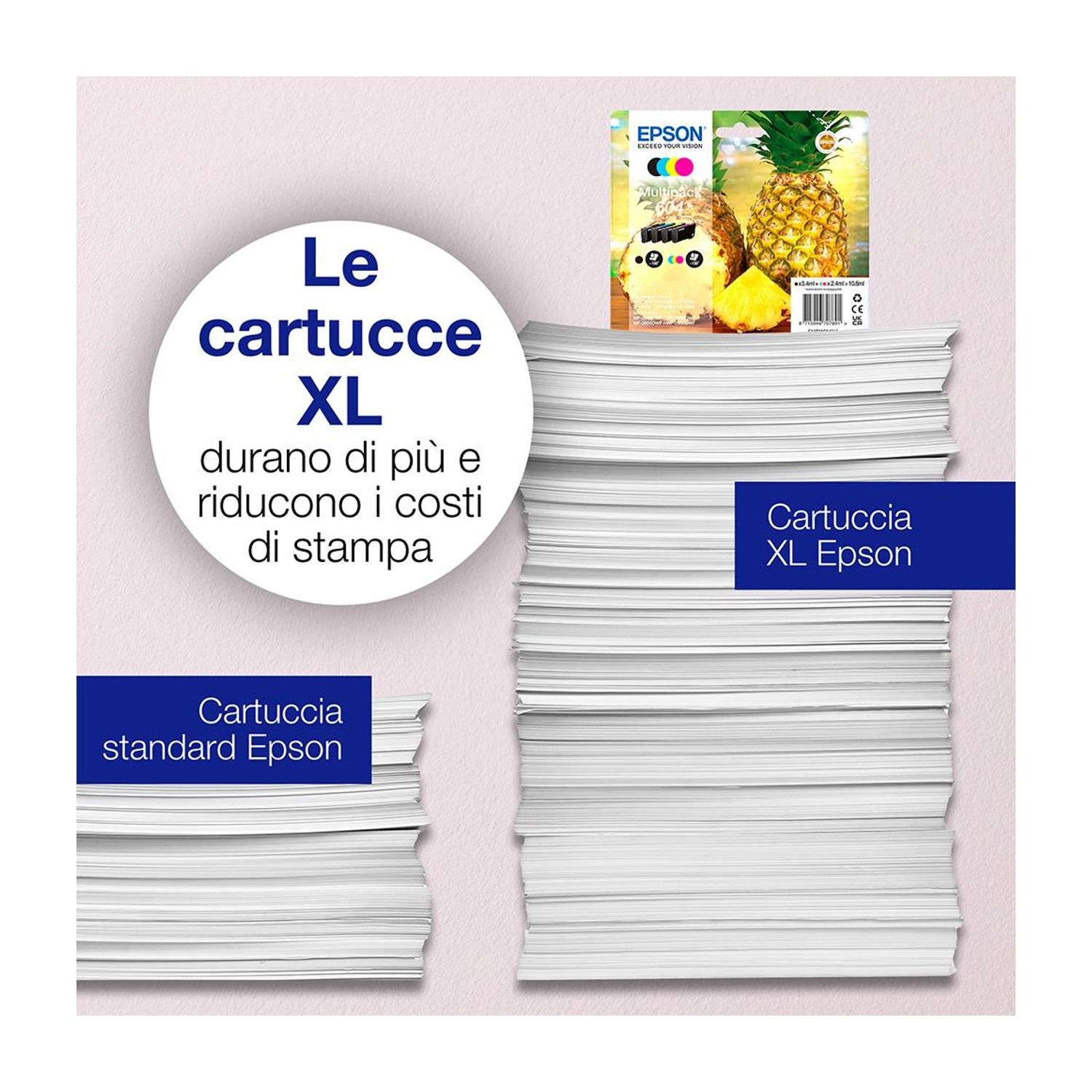 Immagine che mostra cartucce per stampanti Epson (XL) e cartucce standard con pile di carta bianca e un ananas.