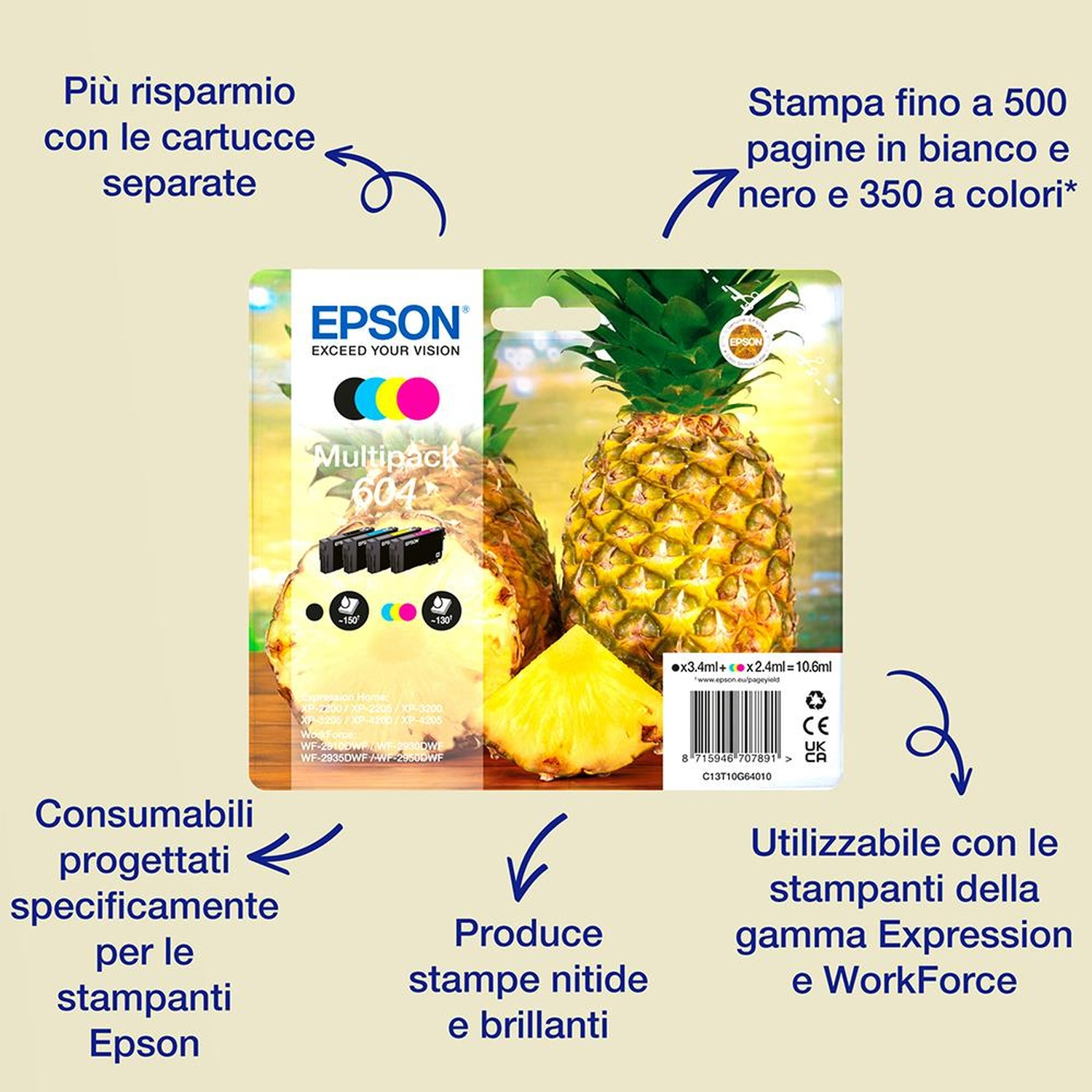 L'immagine mostra cartucce d'inchiostro Epson con ananas sullo sfondo, informazioni sul prodotto e testo in italiano.