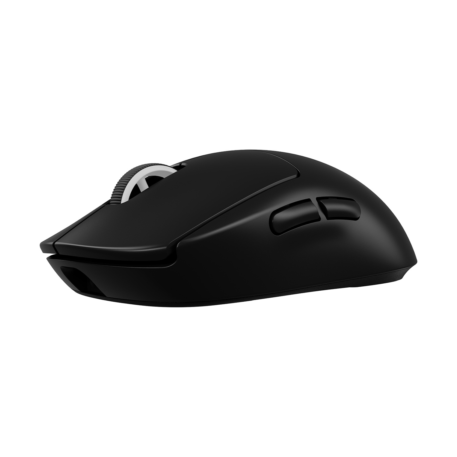 Un mouse nero per computer con rotella e due pulsanti laterali, isolato su sfondo bianco.