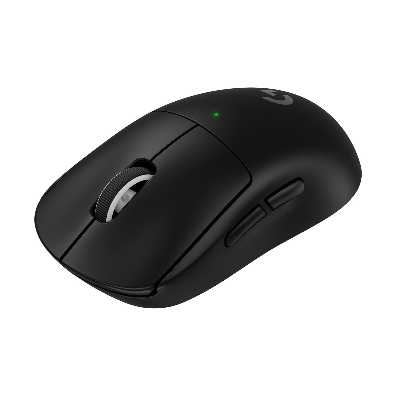 Un mouse per computer wireless nero con rotella, due pulsanti laterali e una luce verde. Su sfondo bianco.