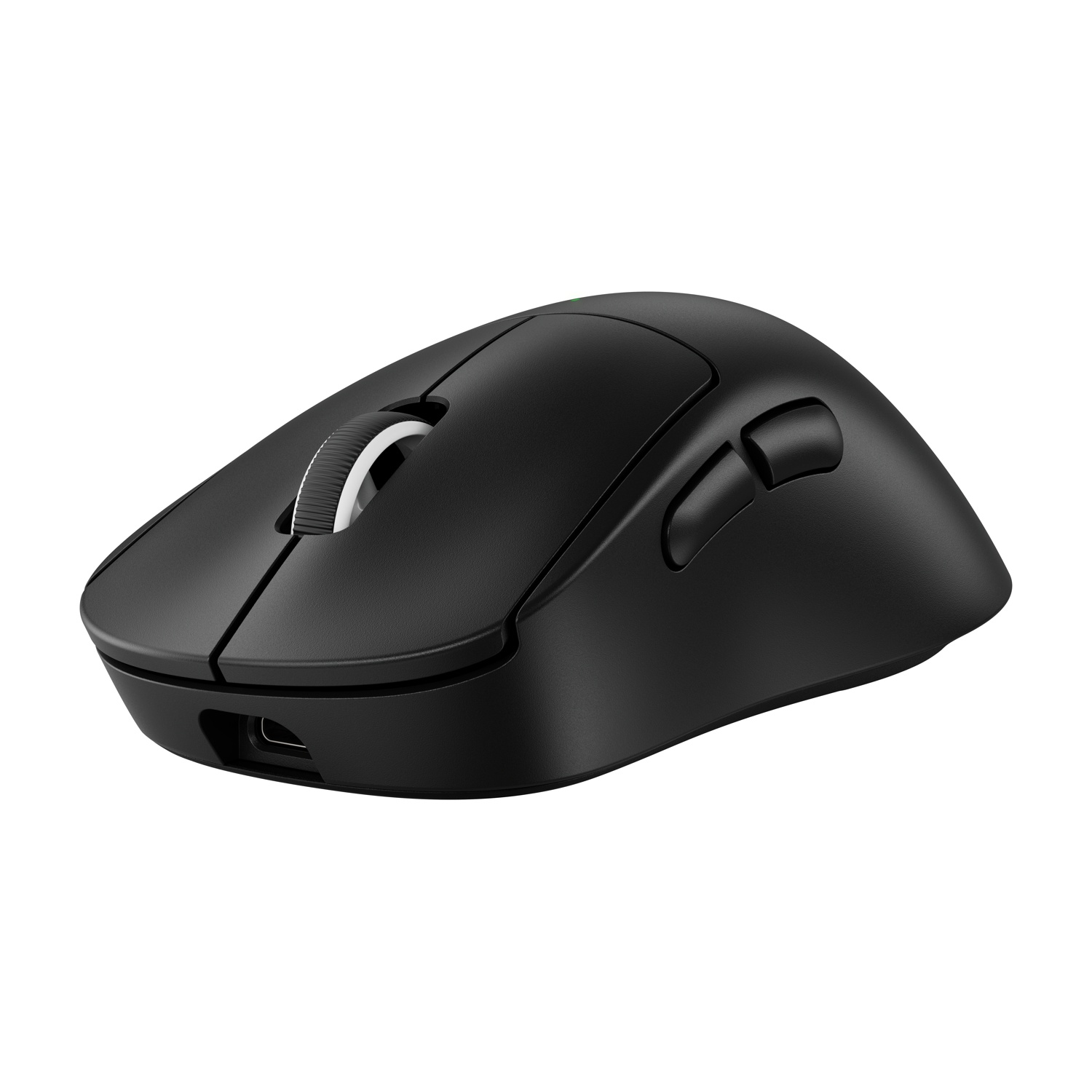 Un mouse per computer wireless nero. Ha una rotella di scorrimento con dettagli bianchi e due pulsanti laterali. Porta USB-C visibile.