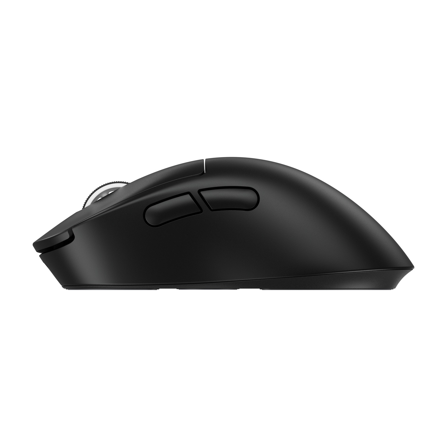 Vista laterale di un mouse per computer wireless nero. Ha pulsanti, una rotella di scorrimento e un design curvo. Lo sfondo è bianco.