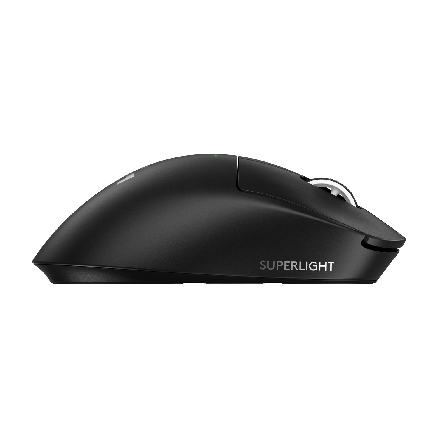 Un mouse per computer nero con l'etichetta 'SUPERLIGHT' su sfondo bianco. È dotato di rotella di scorrimento e pulsante.