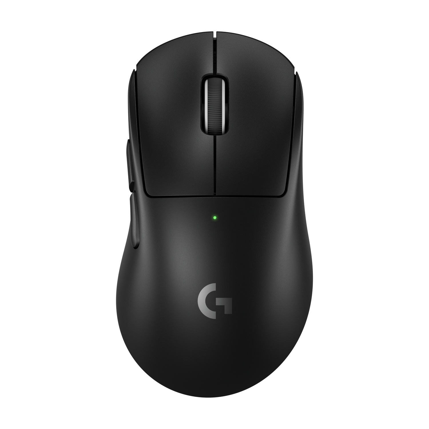 Un mouse nero con una rotella e pulsanti laterali. Il mouse ha la lettera G e una luce verde.