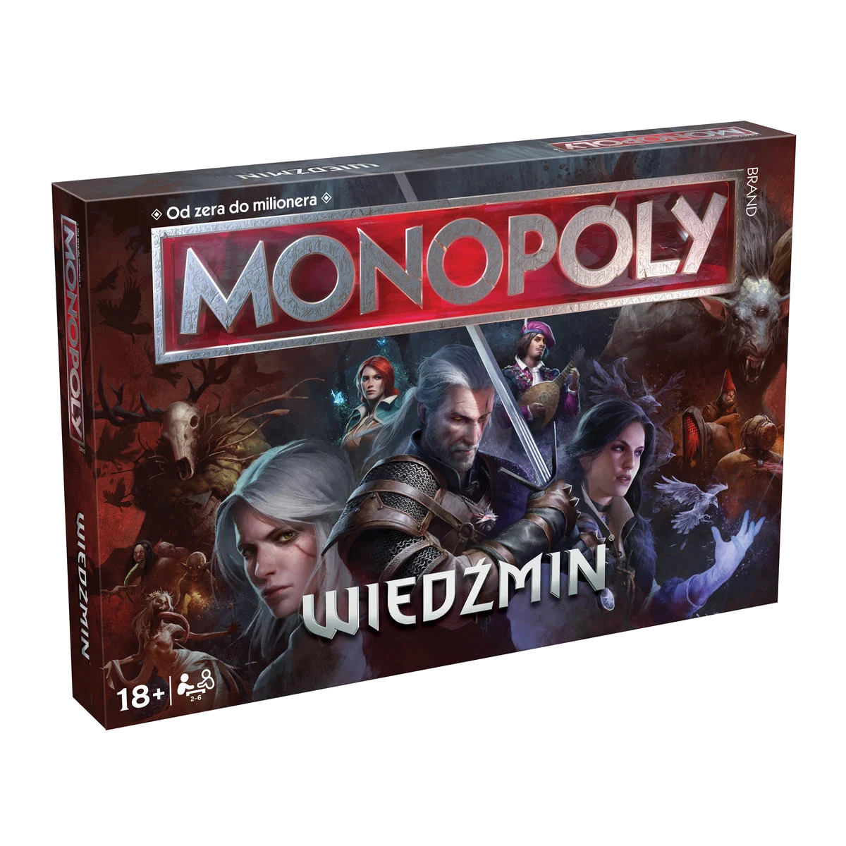 Pudełko gry planszowej Monopoly: The Witcher. Zawiera postacie z serii Wiedźmin. Czerwone logo Monopoly na górze.