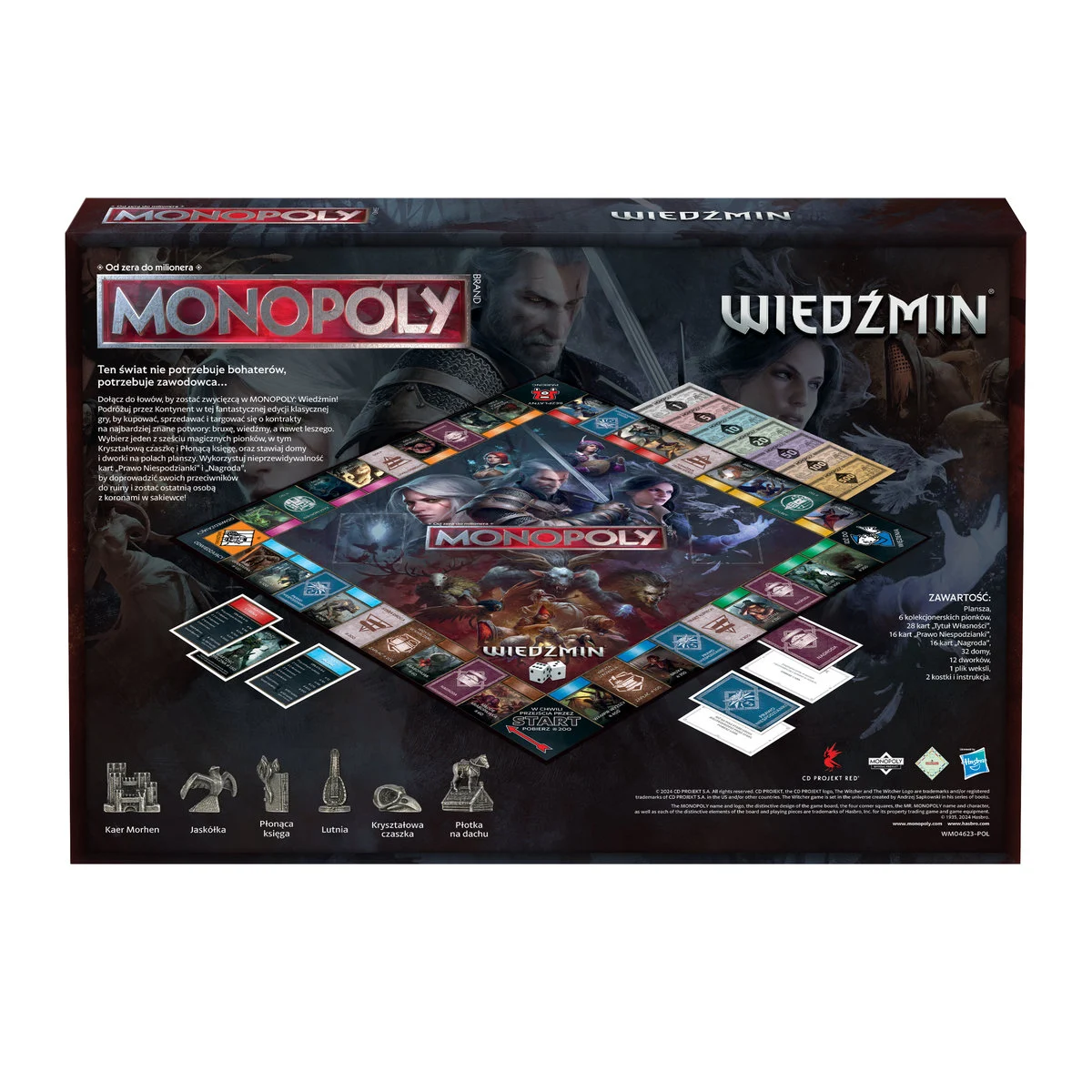 Pudełko gry Monopoly z postaciami z Wiedźmina i elementami gry planszowej.