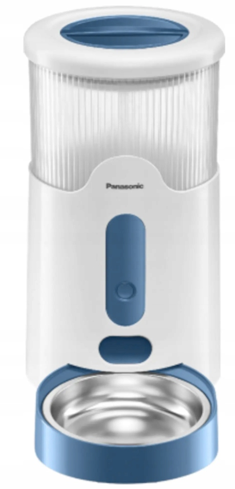 Biało-niebieski karmnik dla zwierząt. Ma niebieską górę, przezroczysty pojemnik i miskę ze stali nierdzewnej.