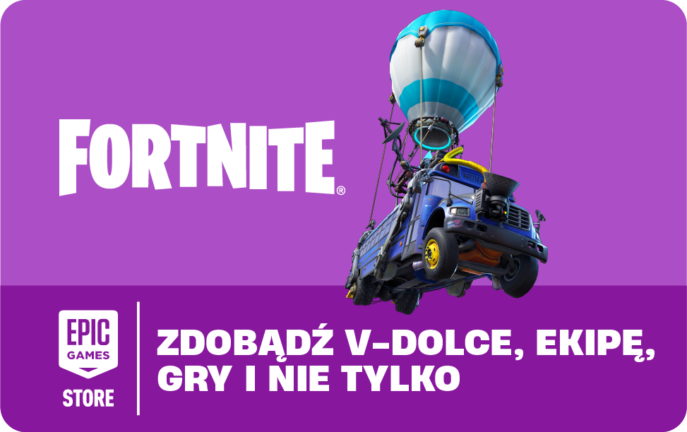 Reklama Fortnite. Niebieski autobus z biało-niebieskim balonem na tle fioletowego tła. Obecny jest również tekst.