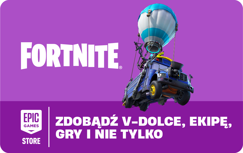 Reklama Fortnite z niebieskim autobusem bojowym przymocowanym do biało-niebieskiego balonu na ogrzane powietrze na fioletowym tle.