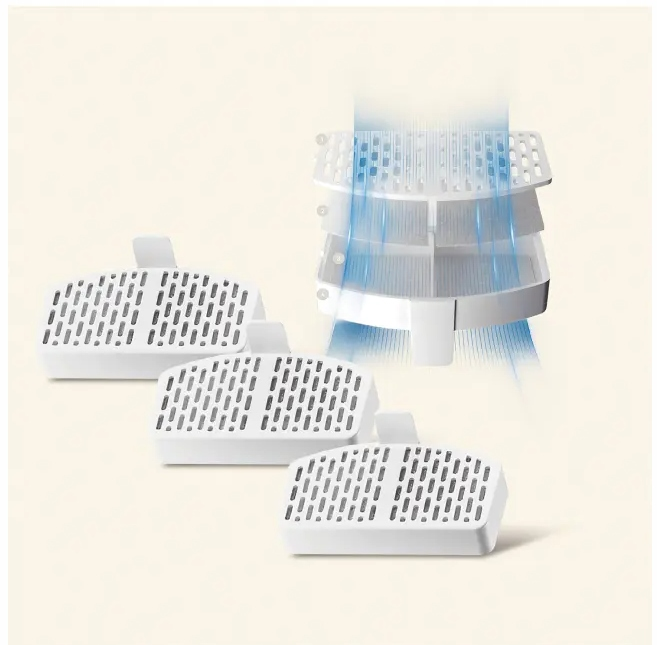 Białe komponenty filtra wody. Trzy filtry poniżej, warstwowy filtr powyżej z niebieskimi liniami przepływu, pokazujący proces filtracji.