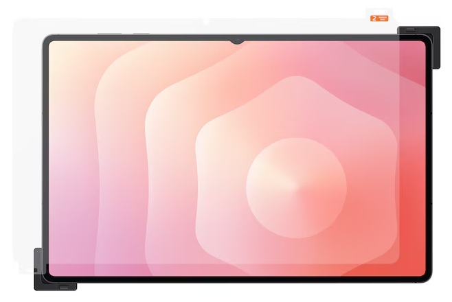 Tablet z nałożoną folią ochronną, z gradientem różu i pomarańczy. Folia ochronna jest częściowo odklejona.