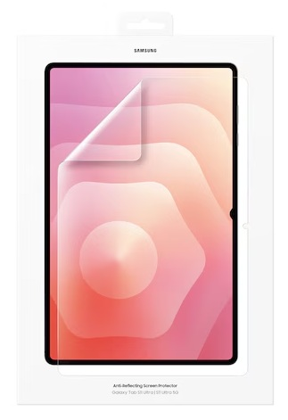 Tablet Samsung w pudełku z nałożonym ochraniaczem ekranu. Ekran wyświetla różowo-pomarańczowy gradient.