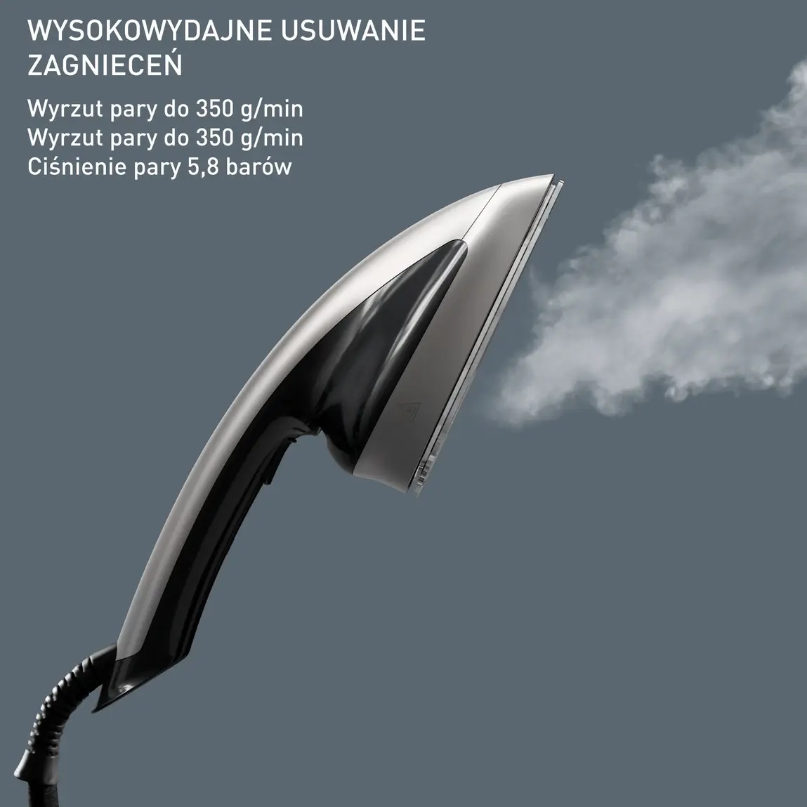 Srebrne i czarne żelazko parowe emituje parę na szarym tle. Tekst u góry wskazuje na wysokowydajne usuwanie zagnieceń.