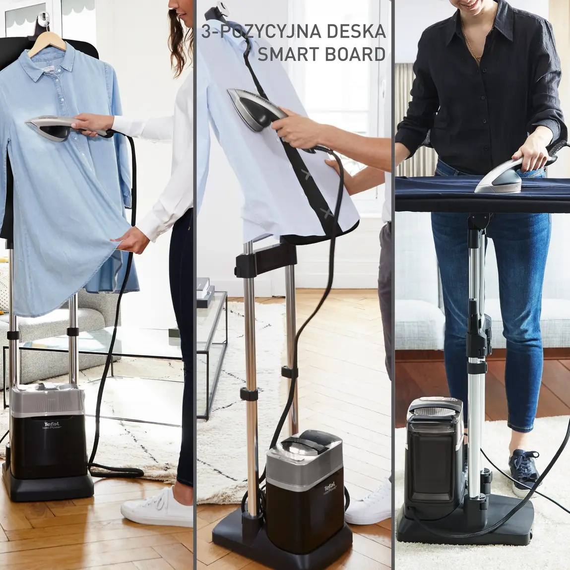 Trzy kobiety używają parownicy do ubrań Tefal. Każda prasuje różne elementy garderoby: koszulę, deskę i spodnie. Czarna podstawa i srebrne detale.