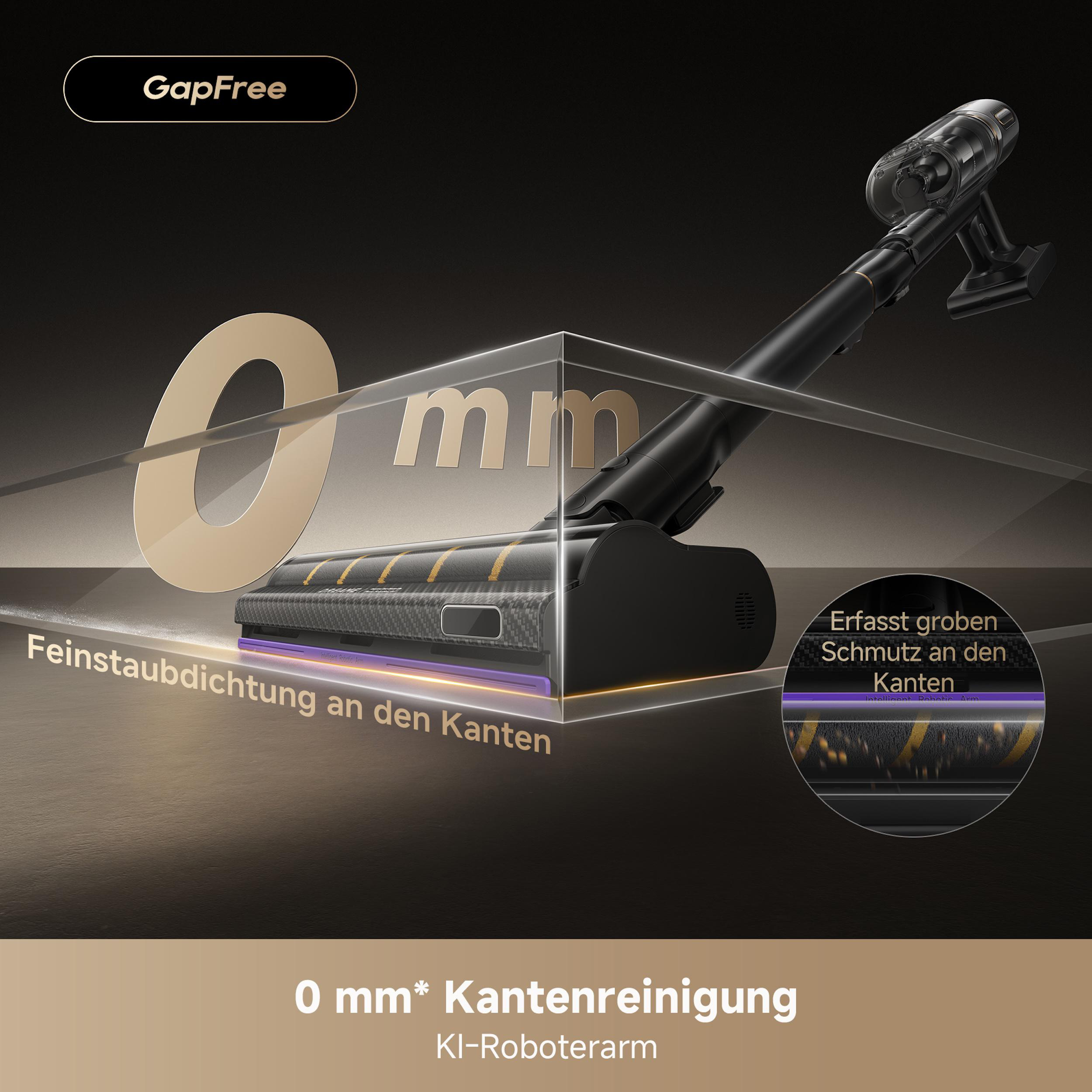 Ein schwarzer Staubsauger mit goldenen Akzenten. Text: 'GapFree' und '0 mm Kantenreinigung'.