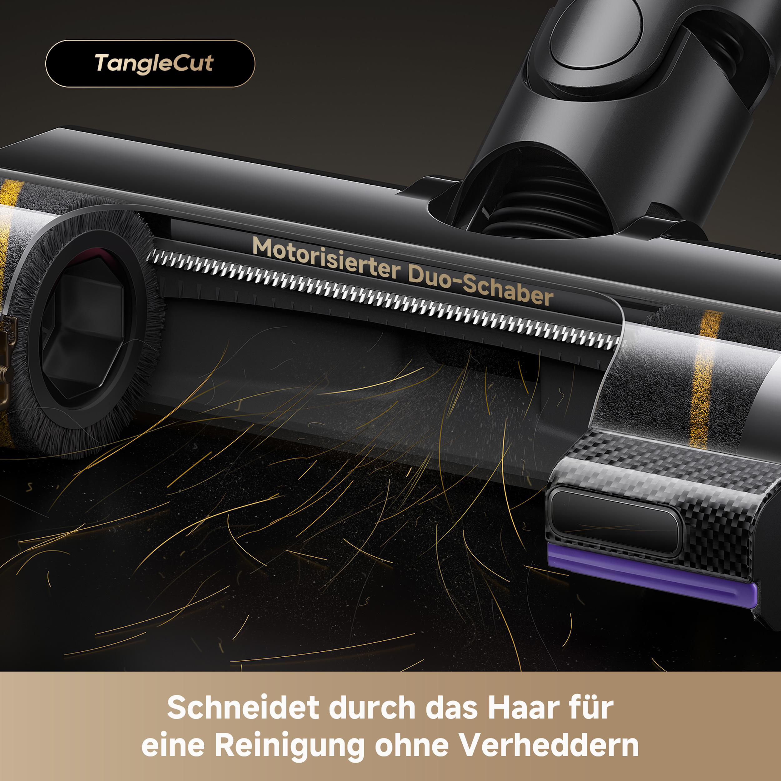 Vakuumaufsatz mit TangleCut-Etikett. Schneidet Haare ohne Verheddern. Schwarz, Gold und Lila sind sichtbar.