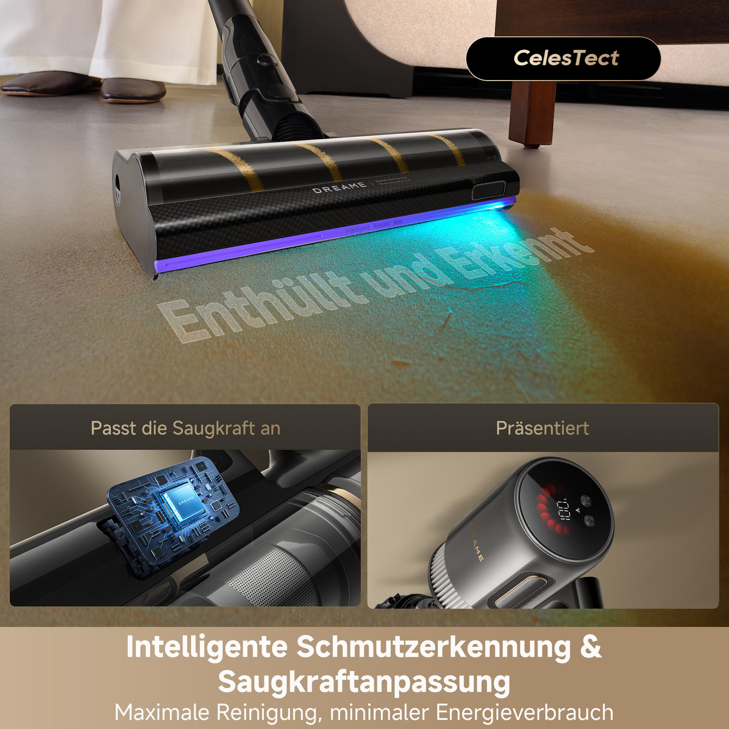 Ein schwarzer Staubsauger mit goldenen Akzenten liegt auf einem Boden. Text auf Deutsch beschreibt Funktionen.