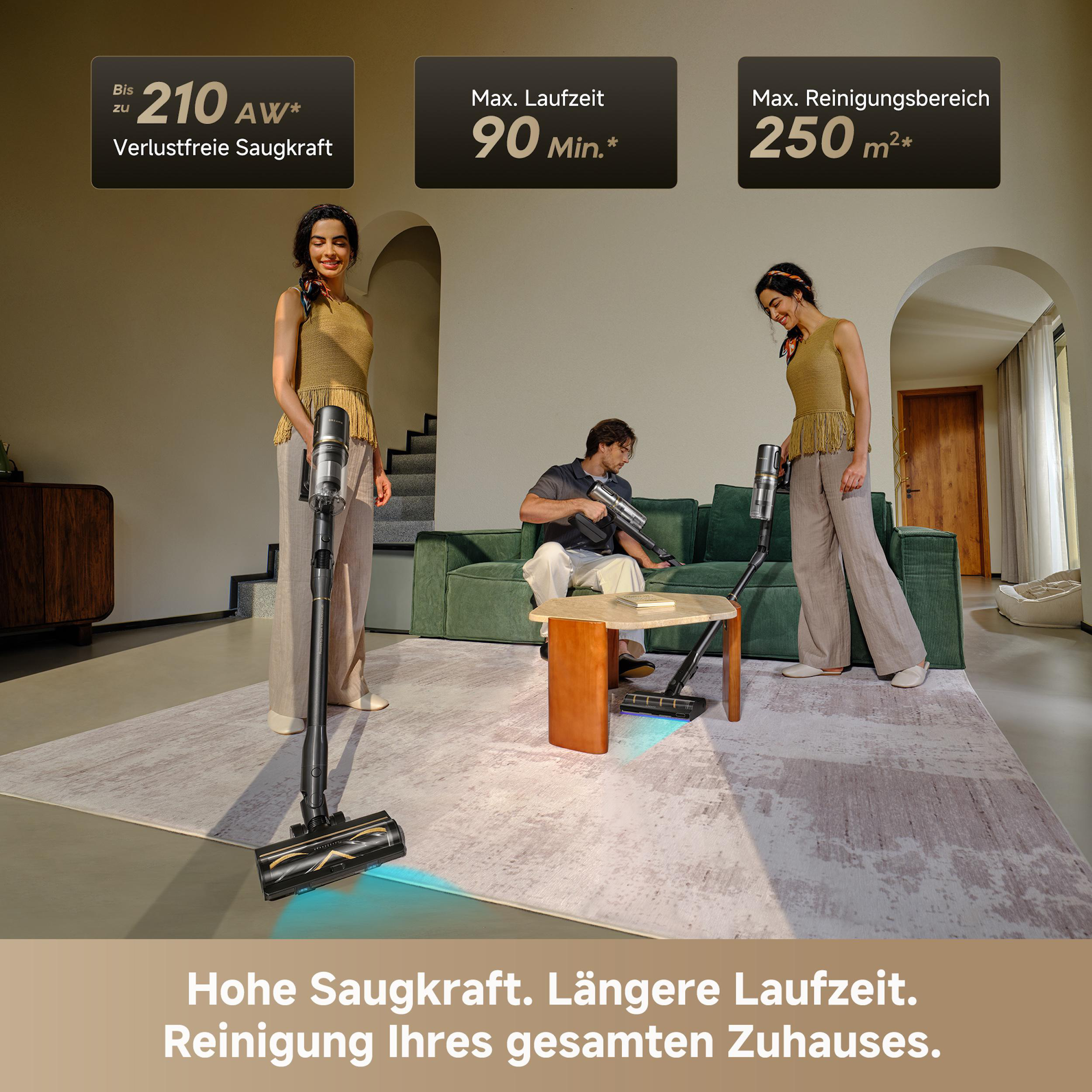 Drei Personen mit Staubsaugern in einem modernen Wohnzimmer. Text zeigt Saugleistung, Laufzeit und Reinigungsfläche.