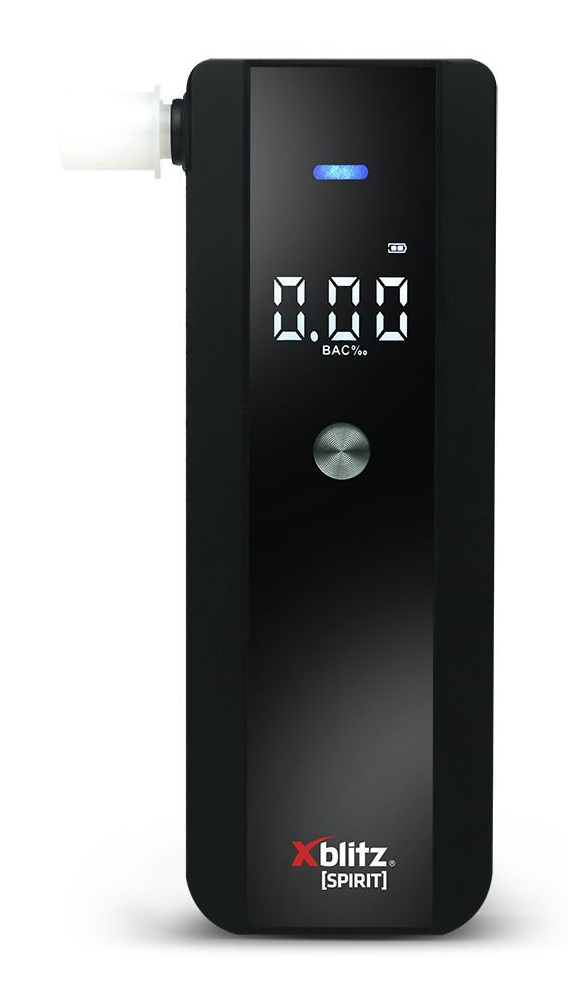 Czarny alkomat z wynikiem 0,00 BAC. Posiada ustnik, wyświetlacz, przycisk zasilania i logo 'X blitz'.