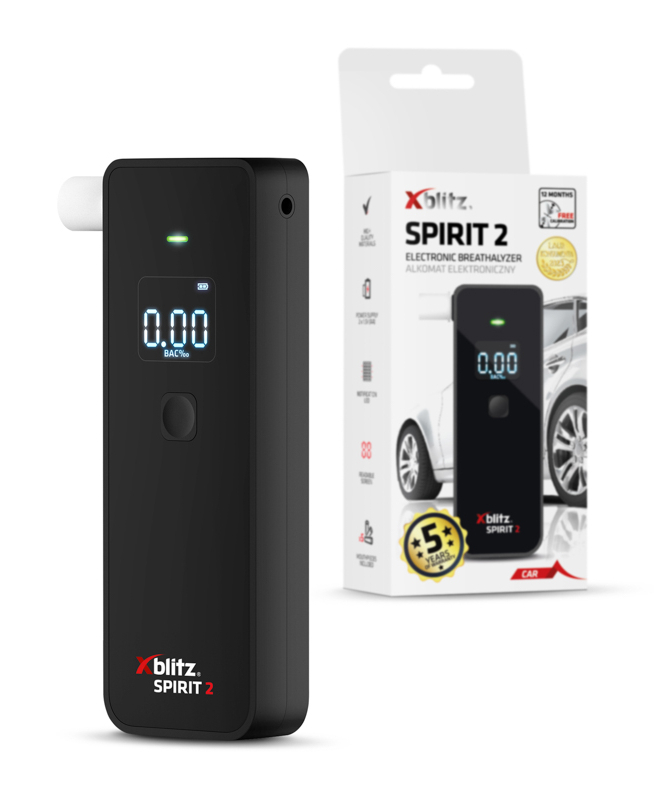Czarny alkomat Xblitz Spirit 2 z wyświetlaczem 0,00 BAC% obok pudełka. Na pudełku jest obraz samochodu.
