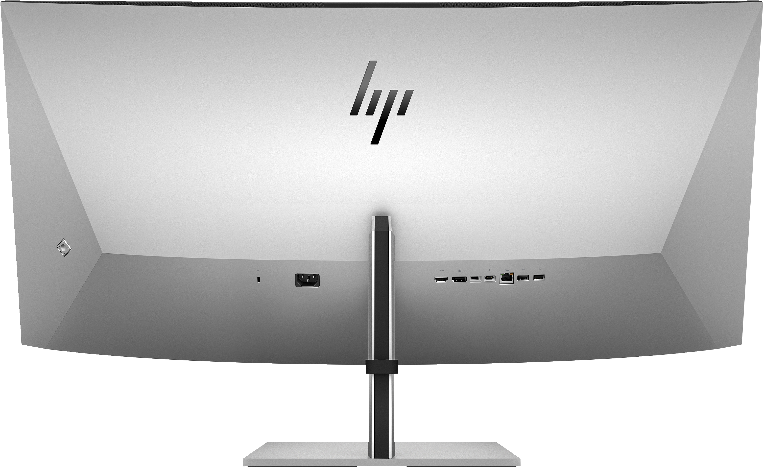 Rückansicht eines gebogenen HP-Monitors. Er ist silberfarben mit dem HP-Logo. Strom- und Eingangsanschlüsse sind sichtbar.