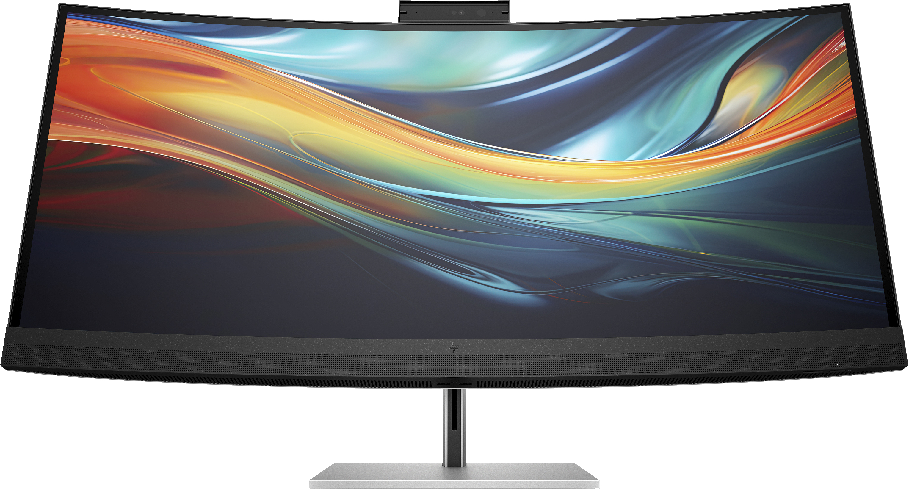 Gebogener Computermonitor mit Webcam. Display zeigt farbenfrohen abstrakten Hintergrund. Silberner Ständer und schwarzer Rahmen.