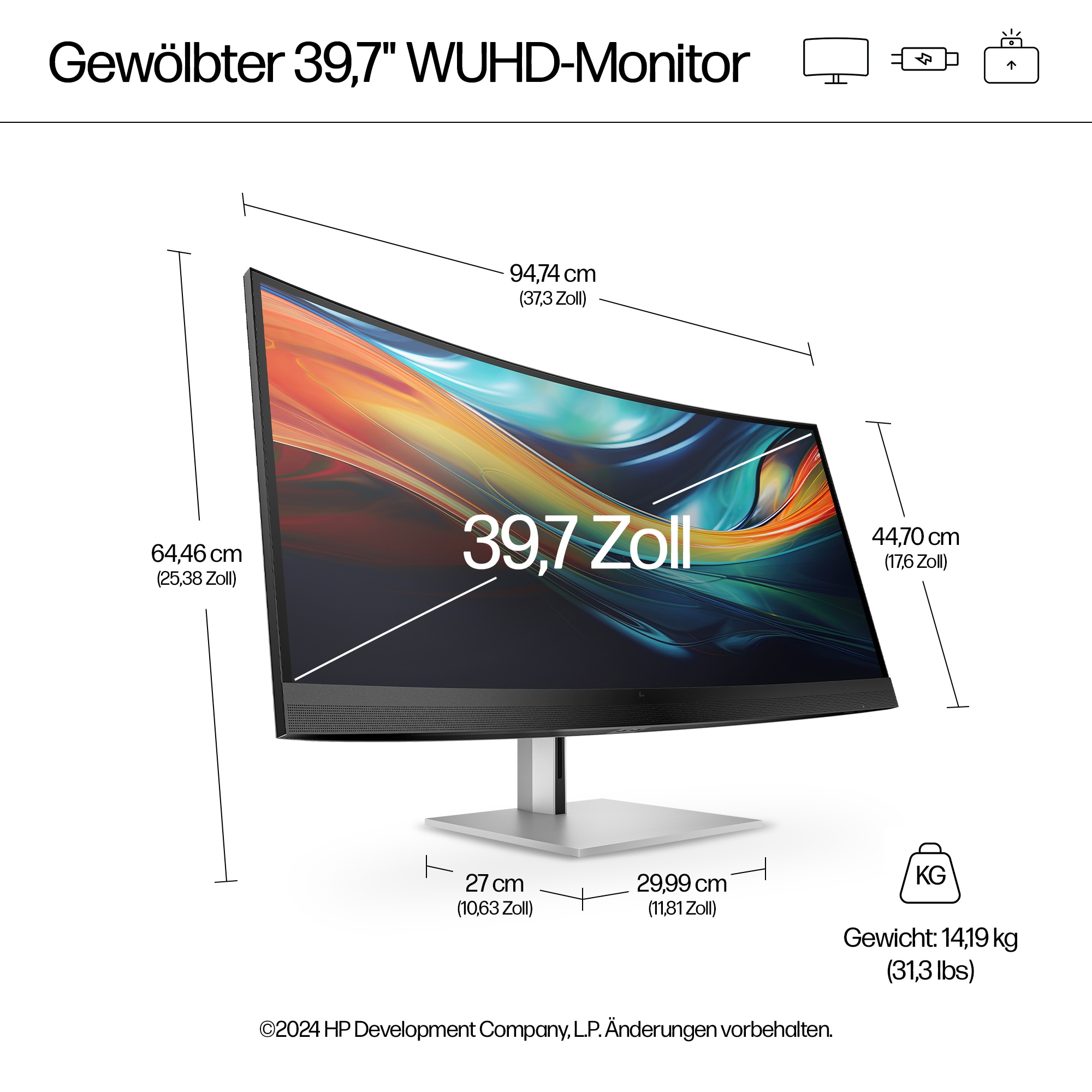 Ein gebogener Monitor mit Maßen, der einen bunten Bildschirm anzeigt. Enthält Abmessungen und Gewichtsangaben.