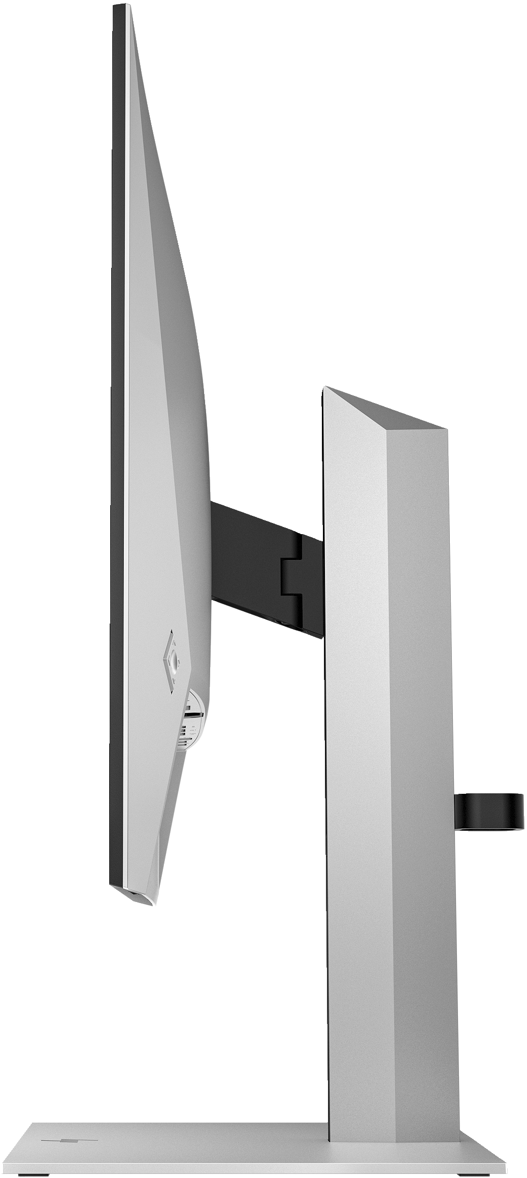 Seitenansicht eines silbernen Computermonitors mit schwarzem Ständer. Der Monitor ist geneigt, der Ständer hat modernes, geometrisches Design.
