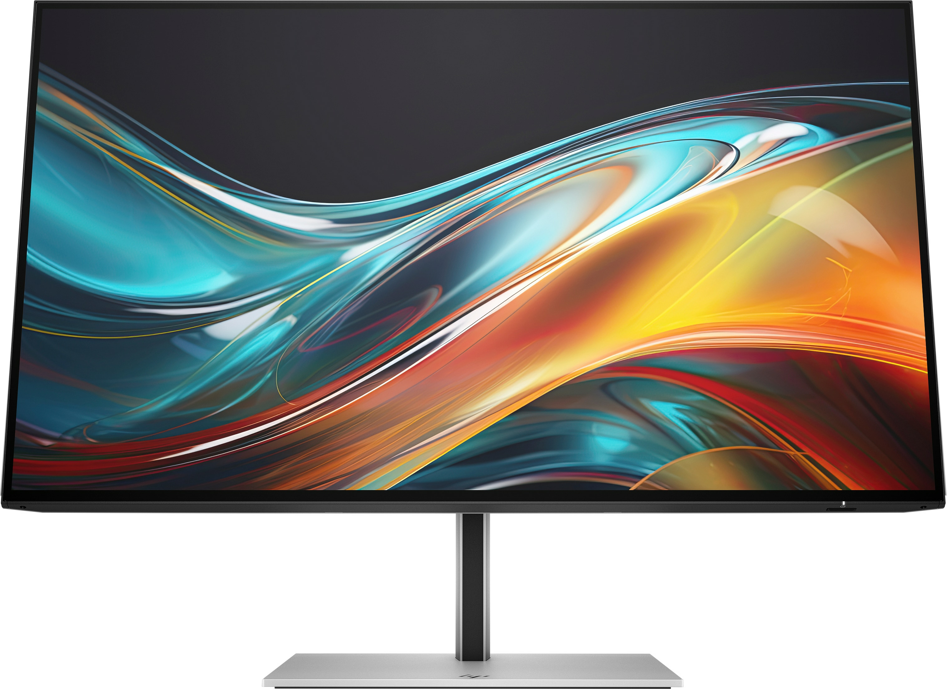 Ein Computermonitor mit schwarzem Rahmen und einem Display mit farbenfrohen abstrakten Grafiken auf einem silbernen Ständer.
