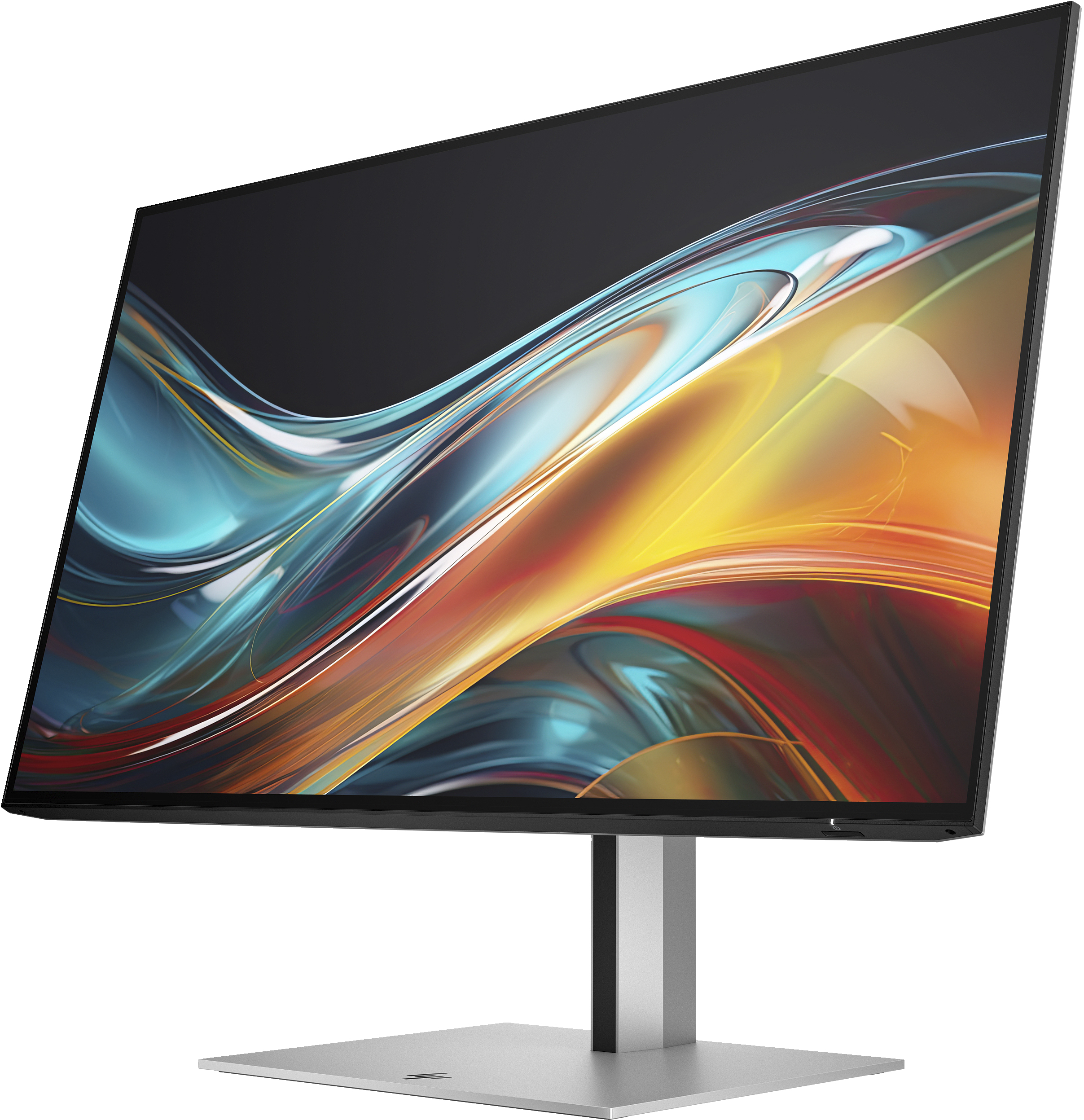 Ein moderner Computermonitor mit farbenfroher abstrakter Anzeige. Er hat einen silbernen Ständer und eine schwarze Blende.