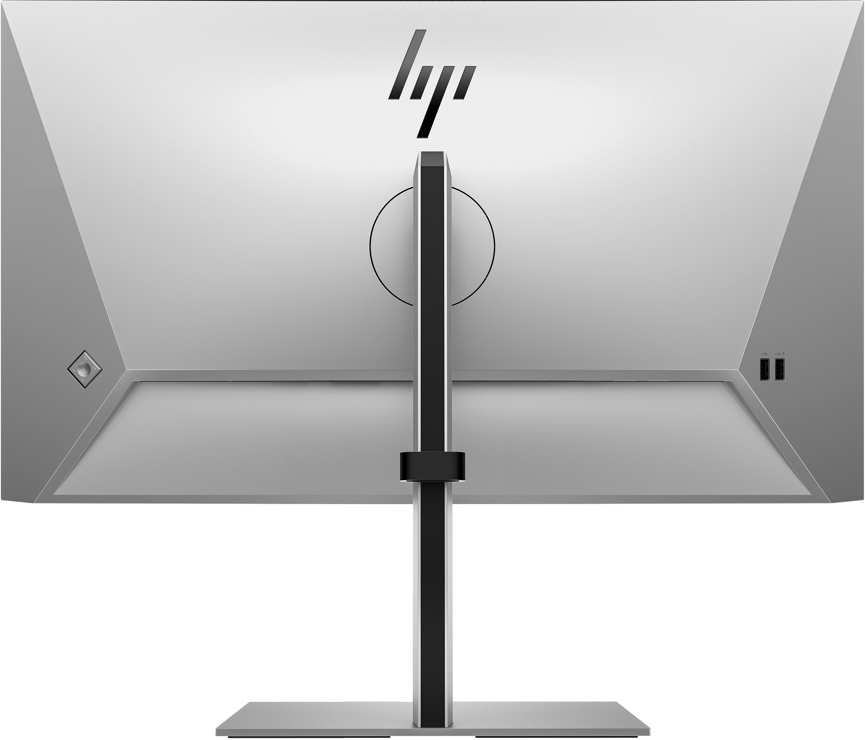 Rückseite eines silbernen HP-Monitors. Er hat das HP-Logo, einen Ständer und Anschlüsse. Das Design ist schlank und modern.
